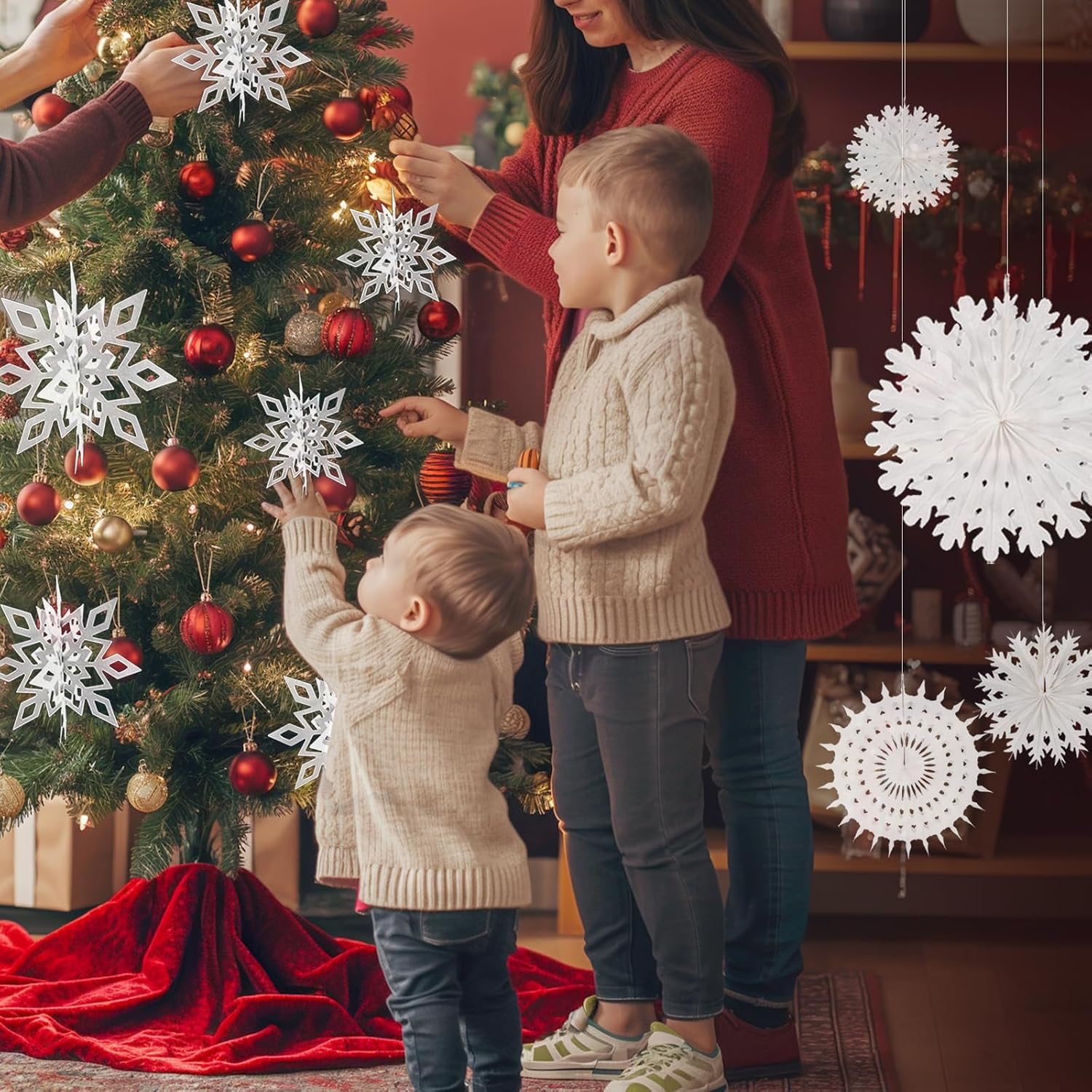Daily Treasures 22pcs Hanging Paper Fans Decor and 3D Snowflake,Hanging Snowflake Decorations in Different Sizes with Rope,Snow Decorations for Winter New Year Party Decoration(White)