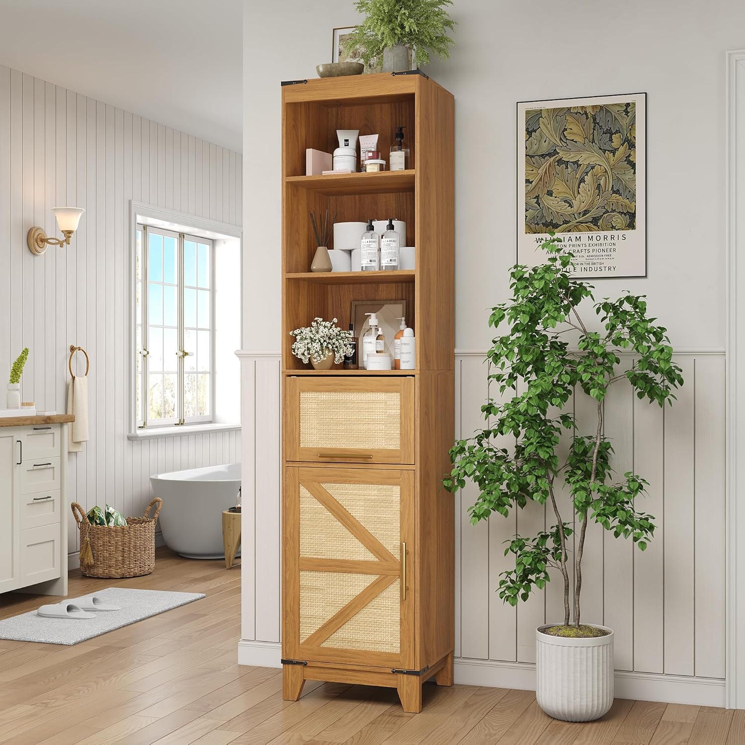 Maupvit Rattan Tall Narrow Storage Cabinet in a bathroom setting
