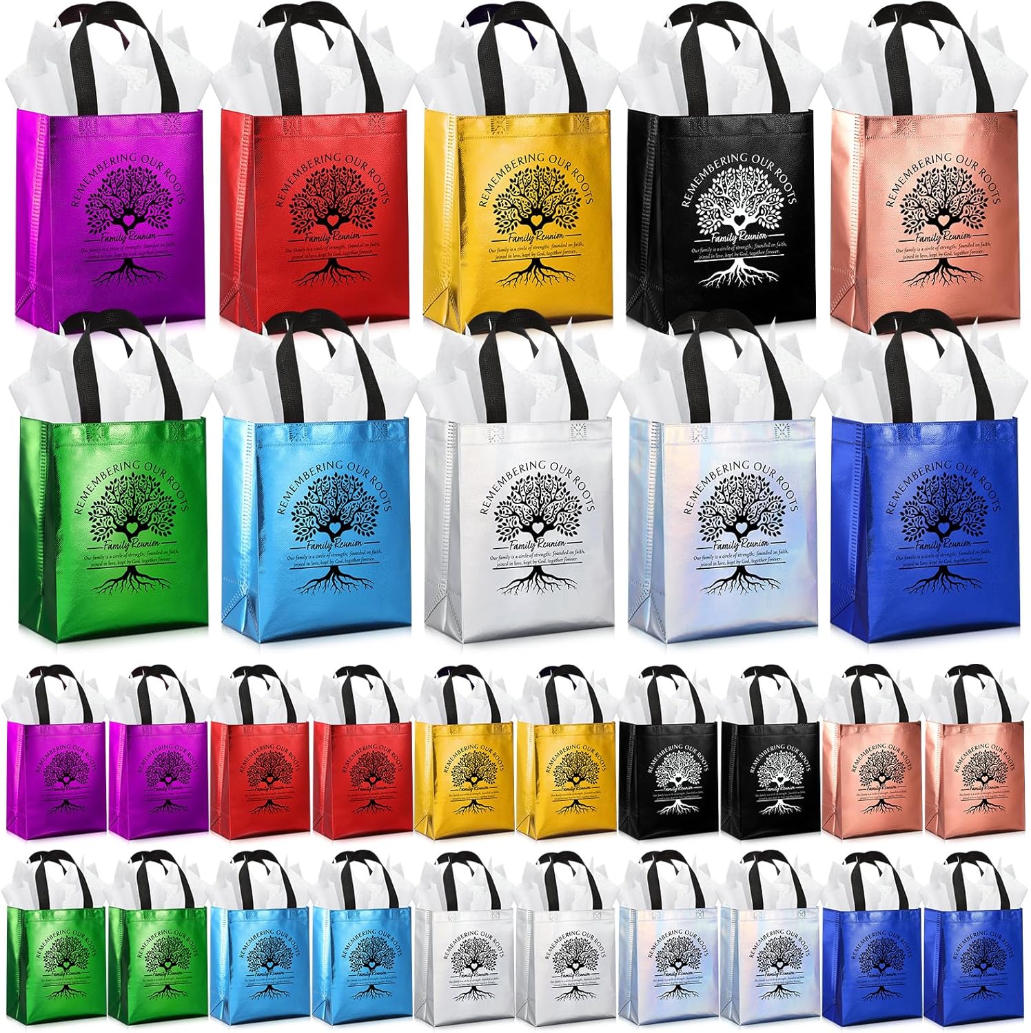 Kolldenn 30 Sets Family Reunion Favors Family Reunion Gift Bags with Handle and Tissue Paper Remember Our Roots Reusable Non-woven Tote Bags for Guest Gathering Party Gifts, 8 x 4 x 10 Inch