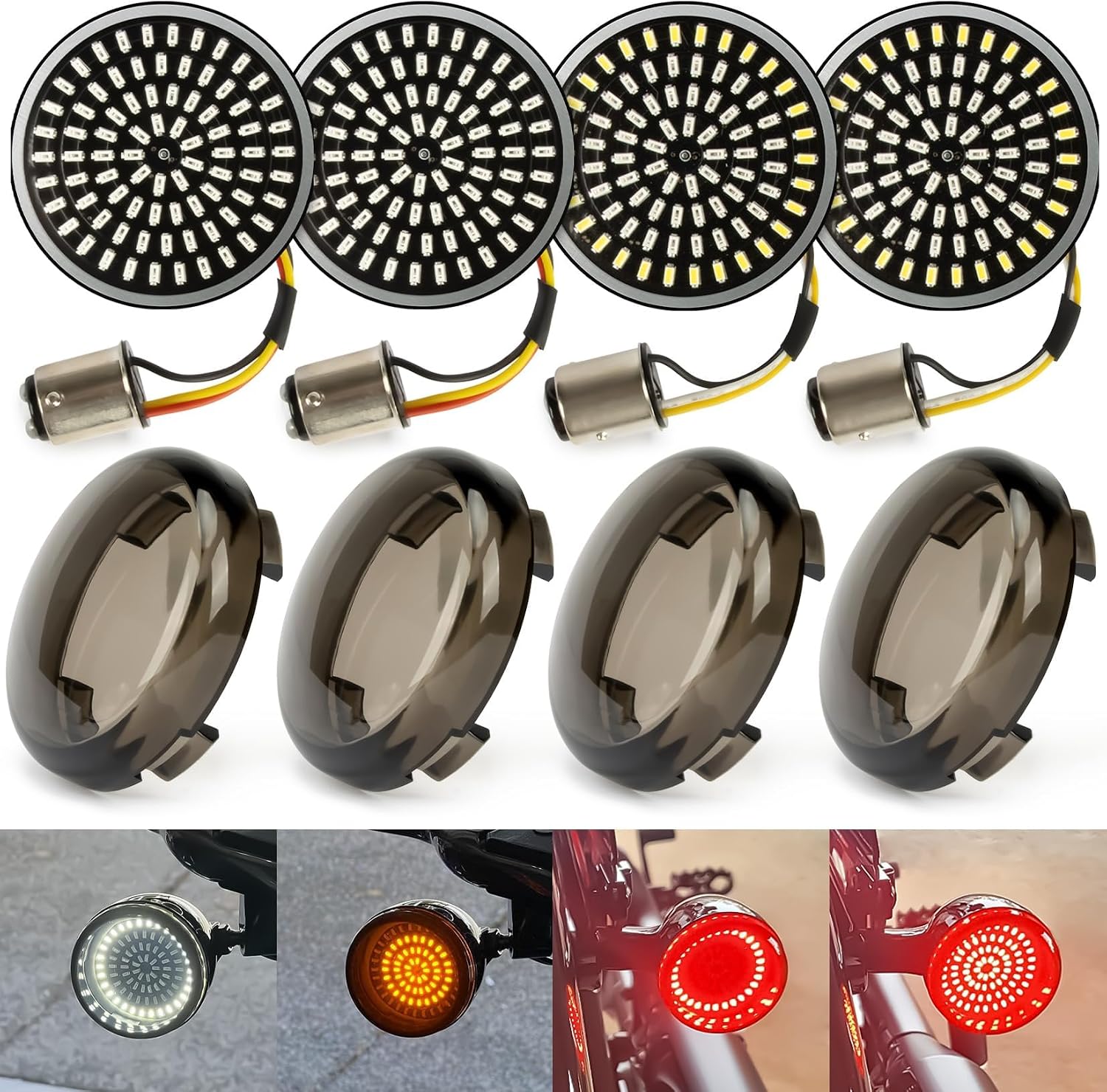 4pcs 1157 2-Inch Bullet Style Signal Upgrade Kit - 81 Beads Front & Rear High-Intensity Illumination Panels with Smoked Covers for Bullet Style Touring Street Road Glide Road King Sportster 1986-2026