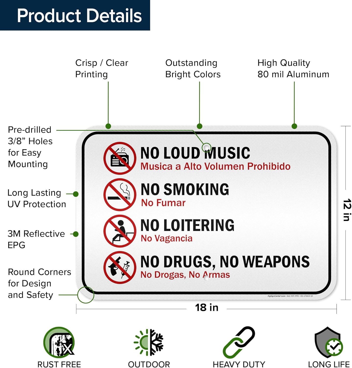 No Loud Music No Smoking Bilingual Sign, 12x18 Inches, 3M EGP Reflective .063 Aluminum, Fade Resistant, Made in USA by My Sign Center