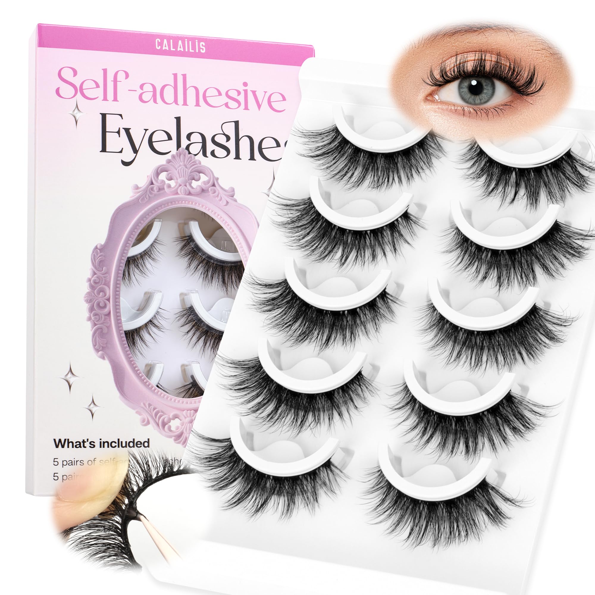 CALAILIS Self Adhesive Eyelashes 5 Pairs Natural Look Press On Lashes No Glue Need Eyelashes Reusable Cat Eye Wispy Self-adhesive False Lashes with Replacement Adhesive Strips (C131)
