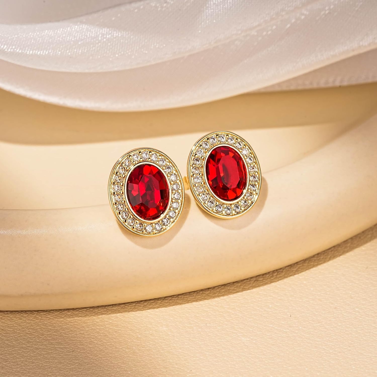 EVEVIC Austrian Crystal Halo Oval Stud Earrings for Women Trendy,14k Gold Plated Hypoallergenic Earring Jewelry Gift - Image 3