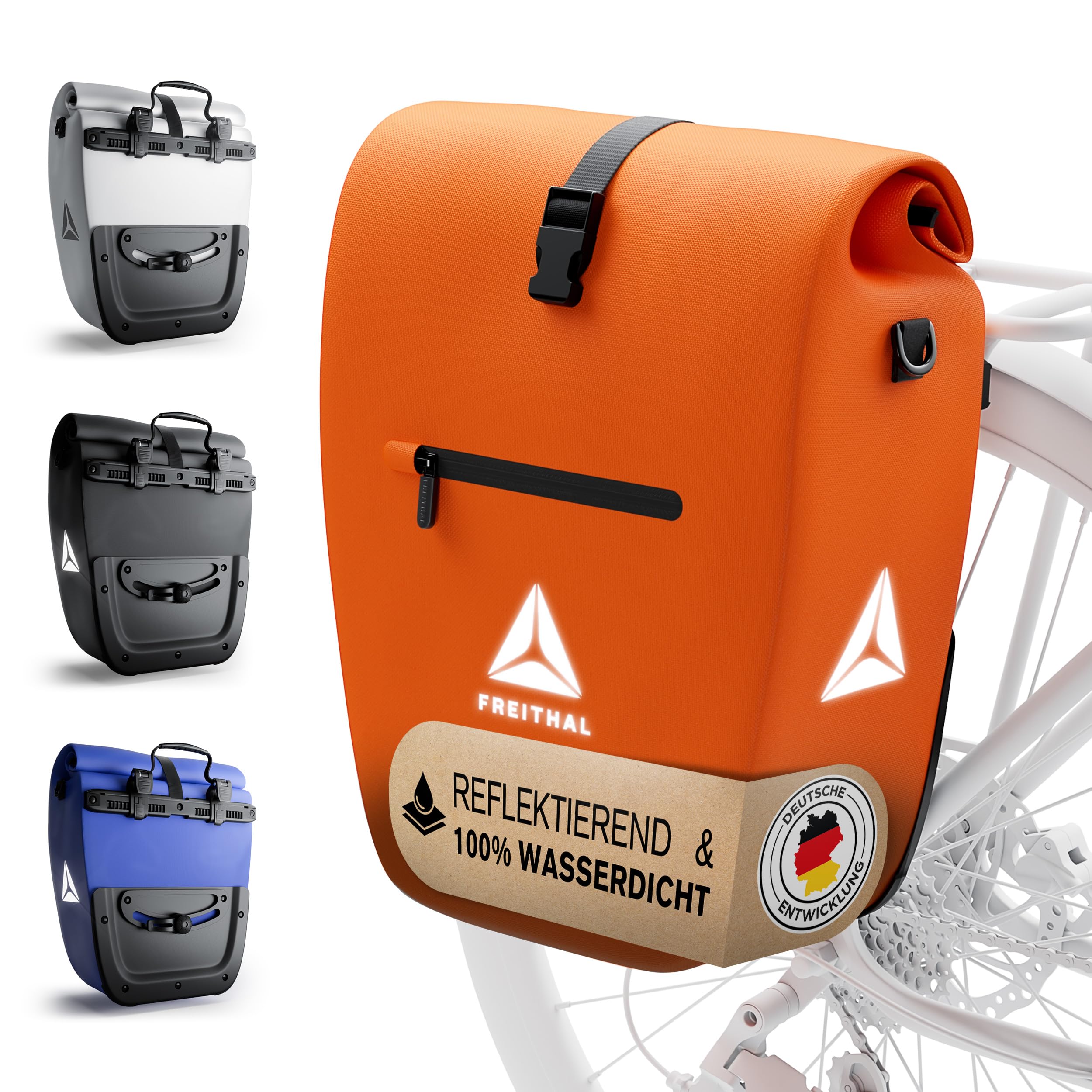 FREITHAL Borsa per bicicletta, portapacchi, 27 l, arancione | Impermeabile, con catarifrangenti, trasportabile come borsa a tracolla, per portapacchi, capacità 27 litri