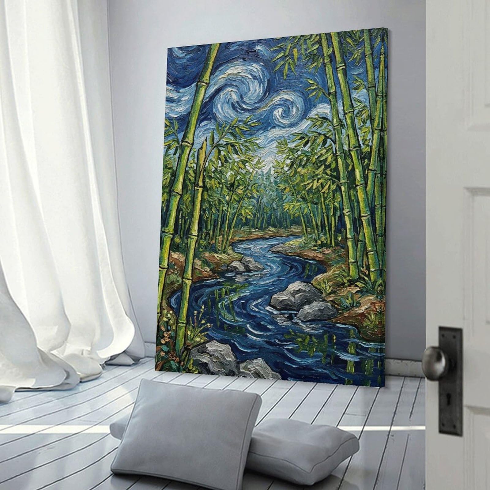 Junmoney Bamboo Forest River Painting Room Decor Wall Art 08x12inch(20x30cm), for Art Walls, Layered Displays Or Homes, Wall Decor Suited to Curated Displays