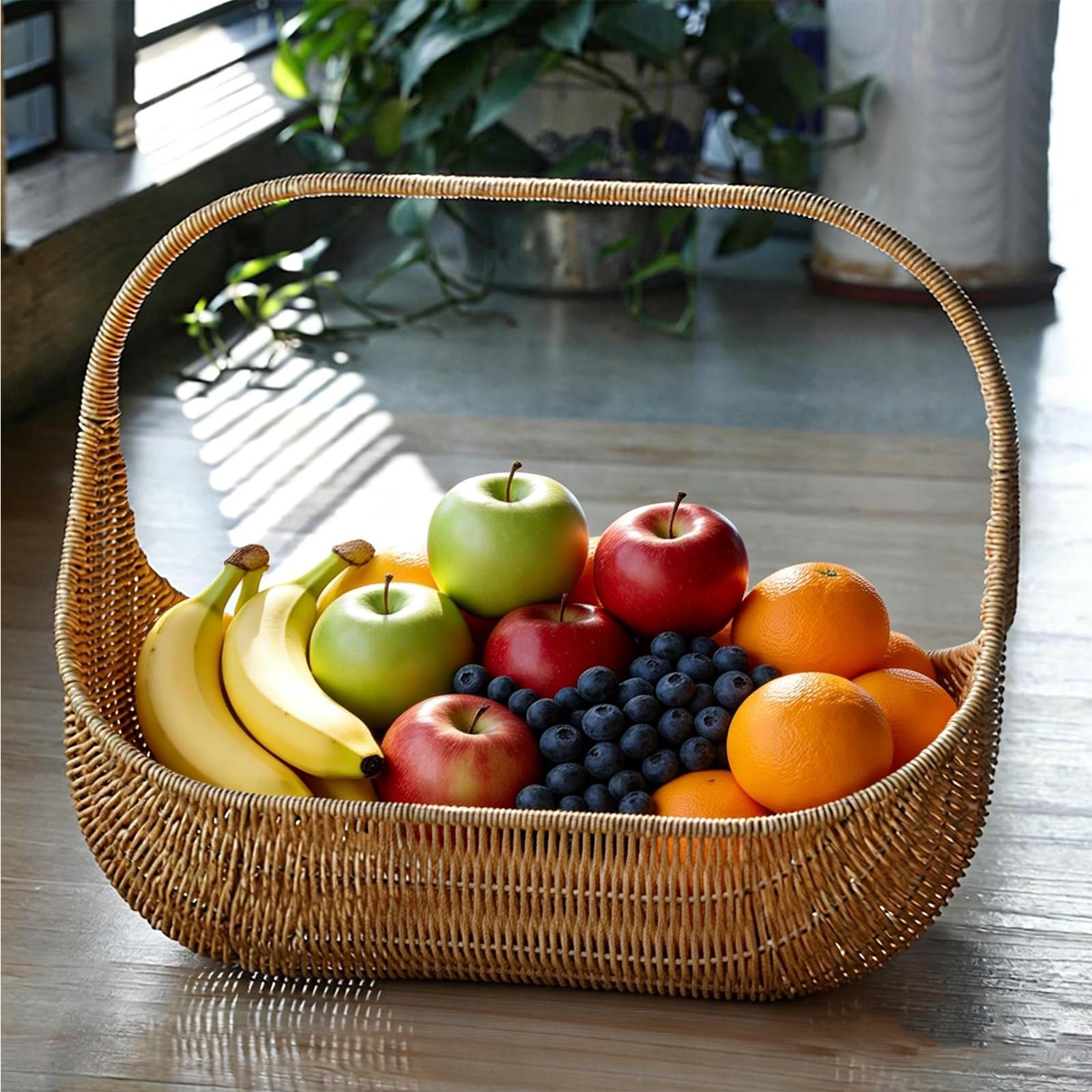 Cestino da picnic in vimini con manico, grande contenitore multifunzionale per campeggio, giardino, spiaggia, fattoria, ideale per raccogliere frutta e verdura