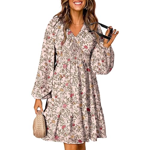 Dokotoo Fall Dresses for Women 2025 Boho Floral V Neck Long Sleeve Smocked Elastic Waist Casual A-Line Mini Dress Sundress