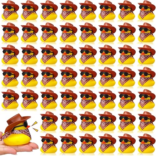 Juego de 48 mini patos amarillos de goma de vaquero, juguete para fiesta de baño, patos pequeños, juguete de bañera con sombrero de vaquero,