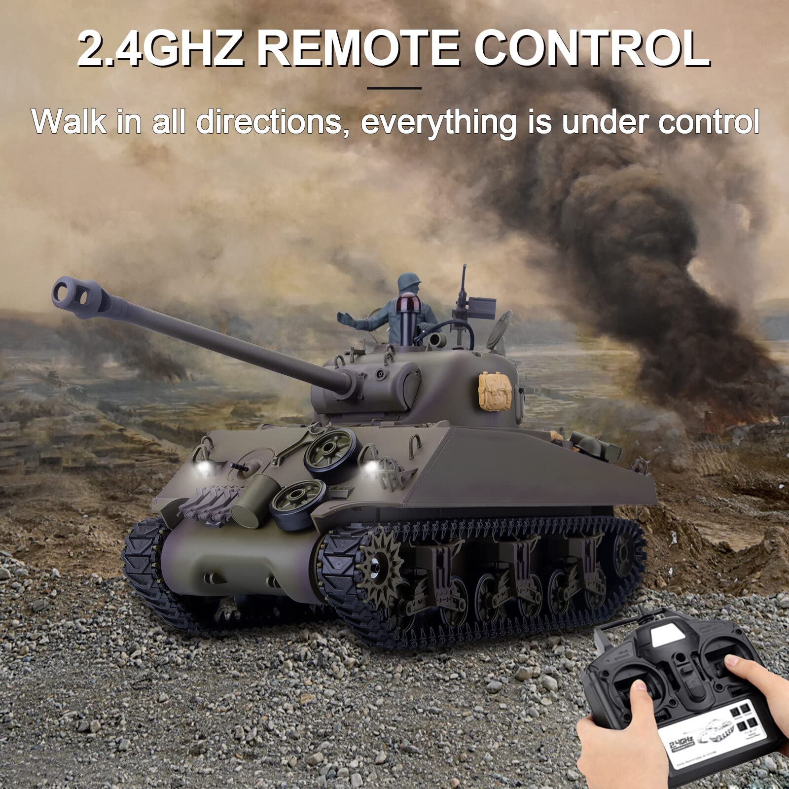 1:16 RC US M4A3 Sherman Tanque mediano, modelo de vehículo militar a control remoto con caja de cambios de acero, humo, sonido, luz, batalla infrarroja, barril retráctil