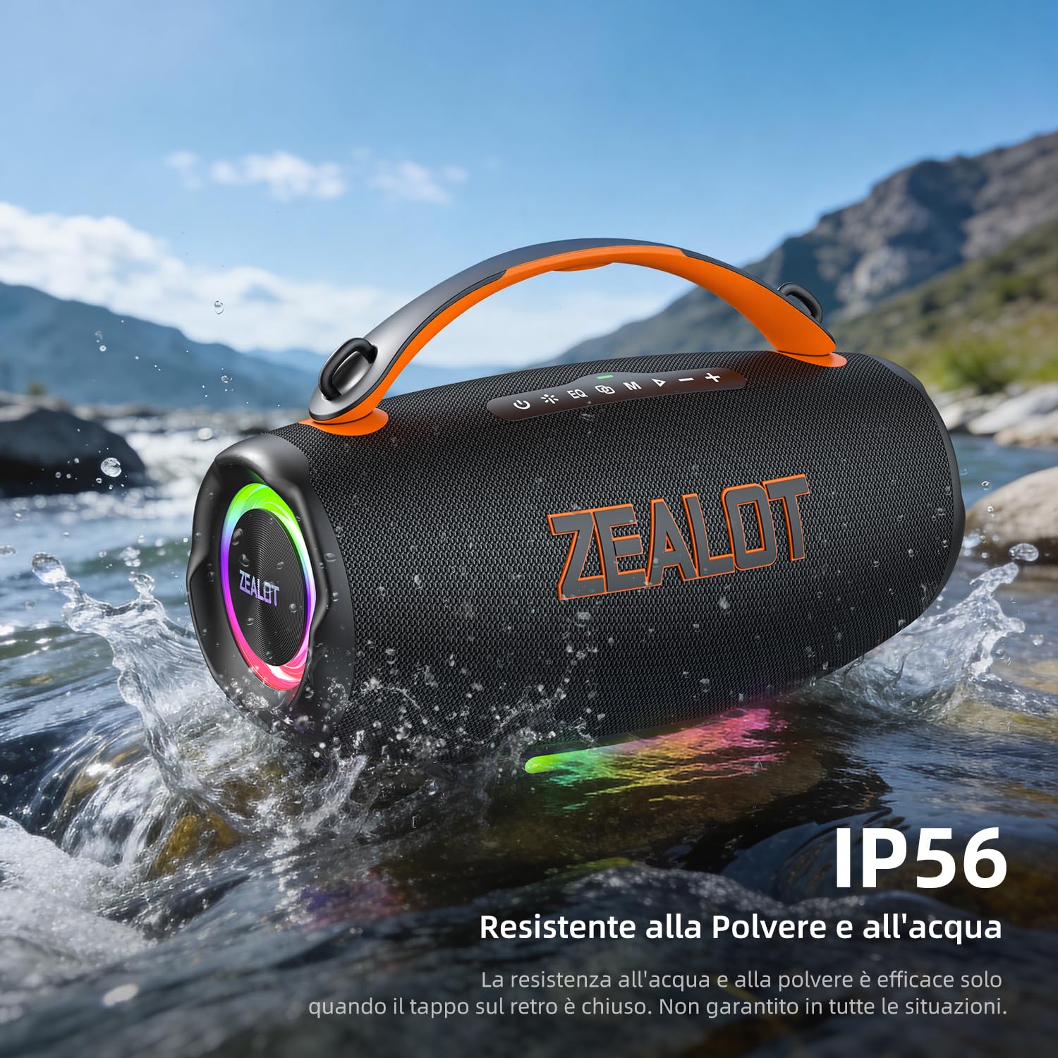 Zealot Cassa Bluetooth portatile da 100W con Luce,24 ore di Riproduzione,Bluetooth 5.3,Impermeabilità IP56,Audio Stereo, AUX da 3,5 mm/TF/USB,Ricarica Type-C