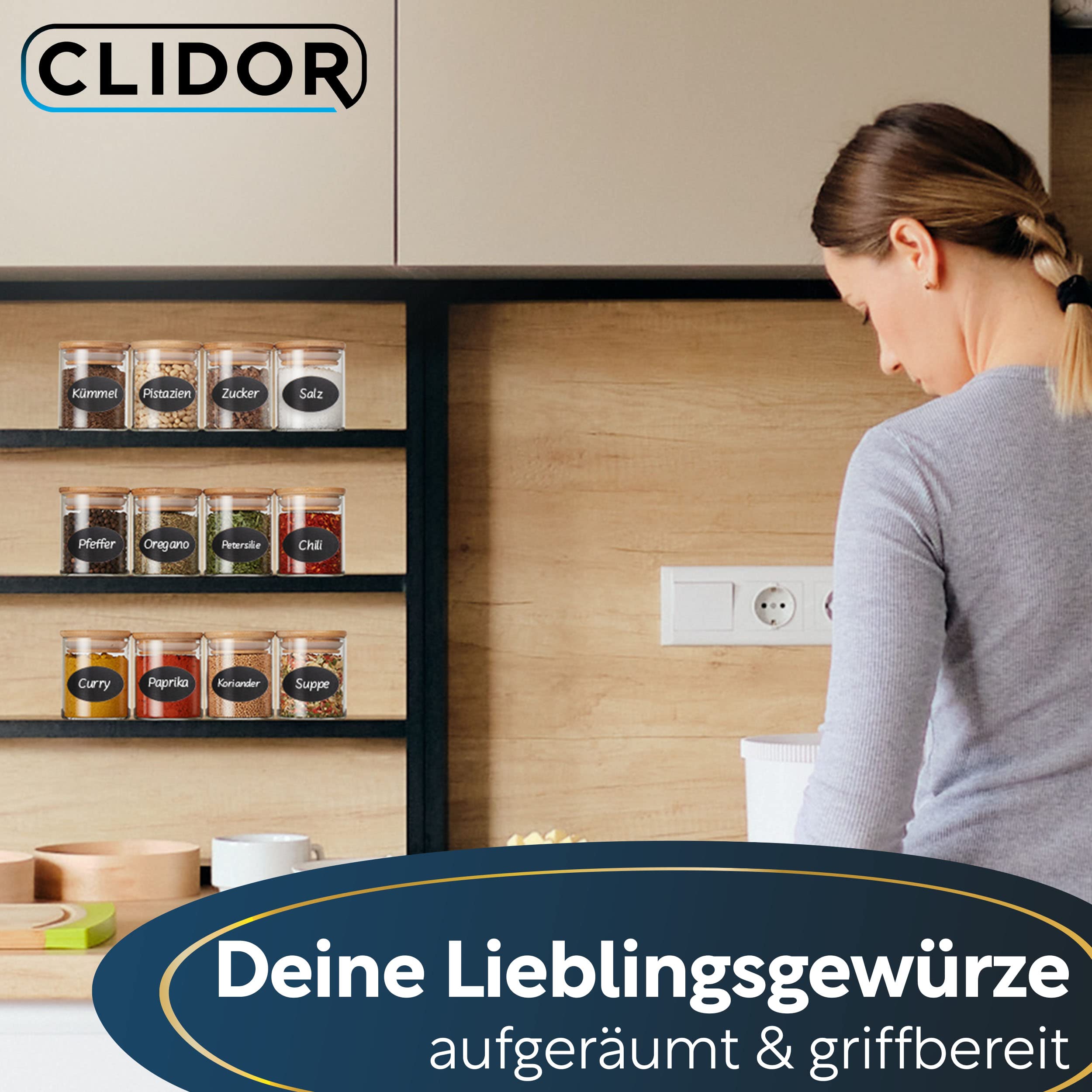 CLIDOR ® - Tarros de especias redondos - 12 x 125 ml (innovador grosor de cristal de 3 mm) tarros herméticos para especias - Recipiente apilable para especias con tapa de bambú - Tarros de especias -