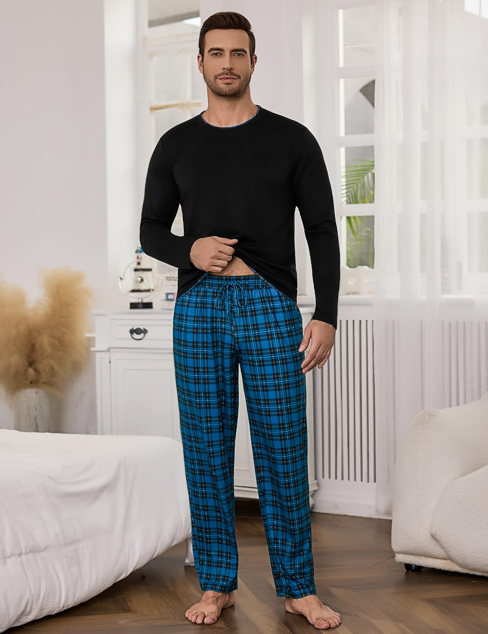 Litherday Pigiama Uomo Invernale Cotone Lungo Pajamas Due Pezzi Maniche Lunghe Pantaloni Lunghi Pigiami Morbido Loungewear con Tasche