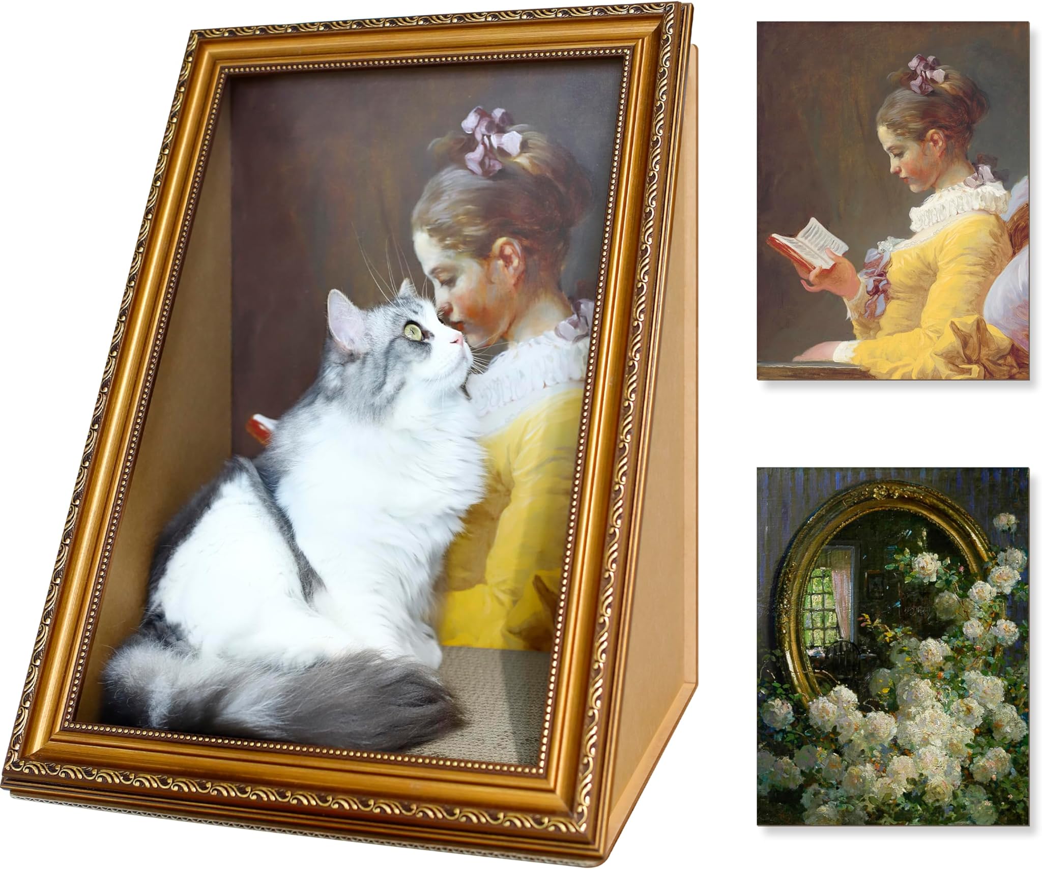Double-Sided Oil Painting Cat House with Scratcher - Vintage Art Frame Cardboard Bed