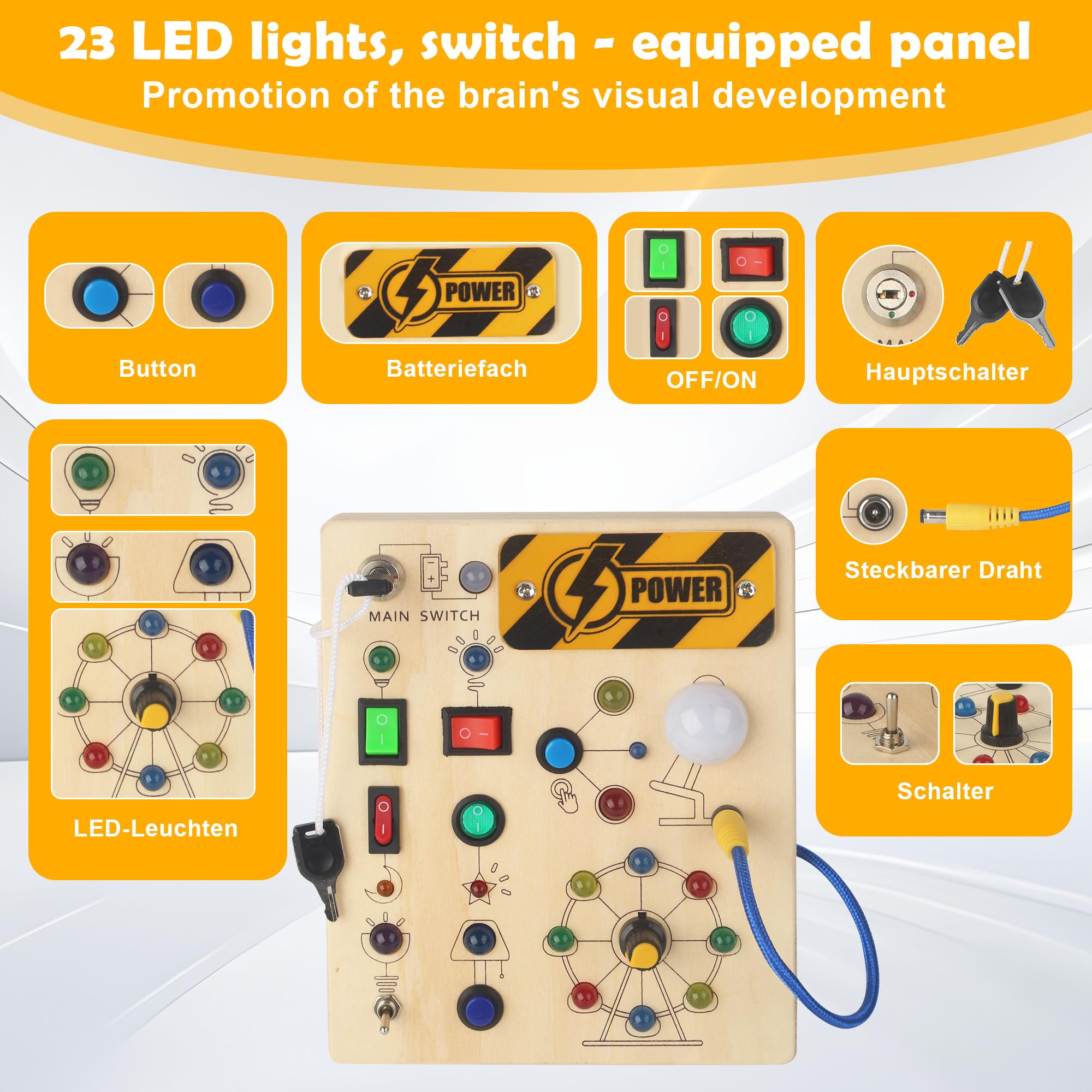 Busy Board Montessori 1 2 3 Ans, Tableau d’Activités en Bois avec 10 Interrupteurs et 19 LED, Jouet Sensoriel Motricité Bébé, Planche Montessori, Cadeau Enfant Garçon Fille