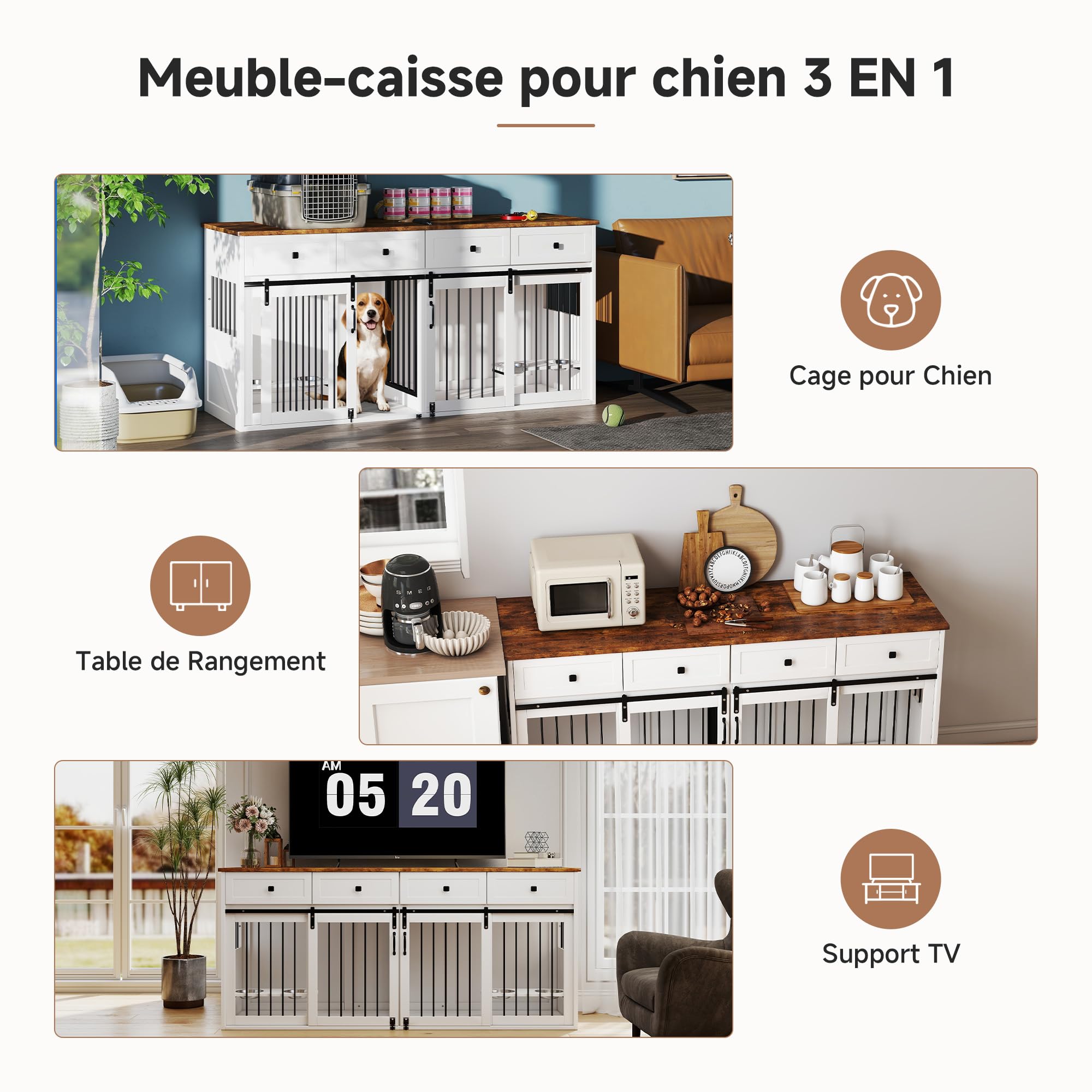Cage pour Chien Wlince 180 cm (71 po) pour 1 ou 2 Chiens avec Porte coulissante,Cage Robuste pour Chiens de Petite et Moyenne Taille avec 4 gamelles, Structure en Acier,Blanche