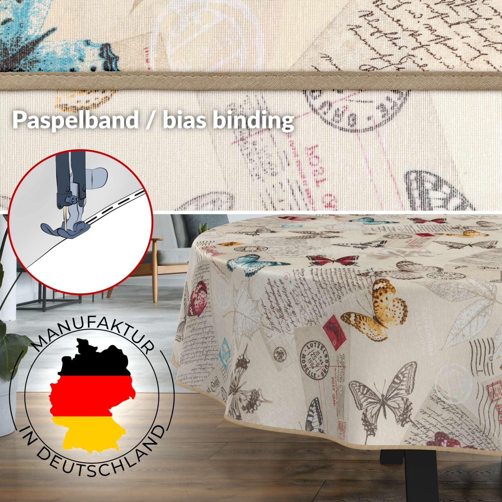 ANRO Tischdecke abwaschbar Schmetterlinge mit Saum oval 220x140 cm