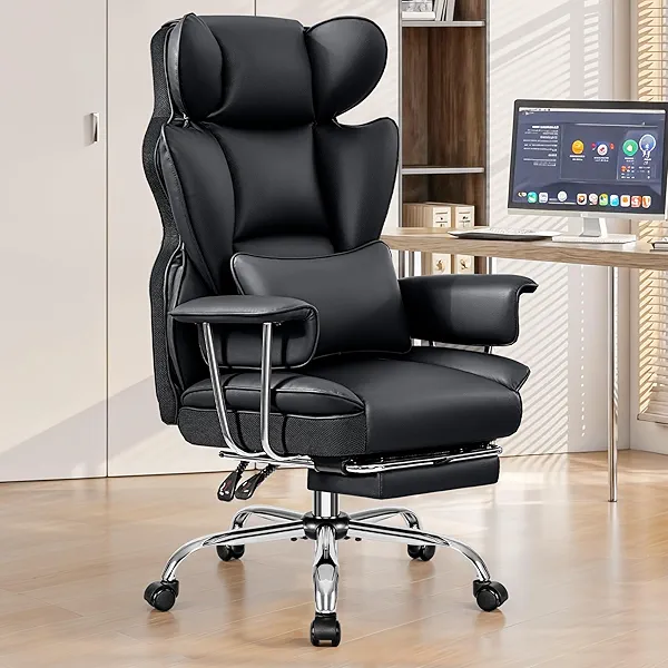 BESTFAIR Office Desk Chair 400LBS, Big and Tall Office Chairs with Footrest, Leather Computer Gaming Chairs with Adjustable Height, Executive Office Chairs with Lumbar Support, Black