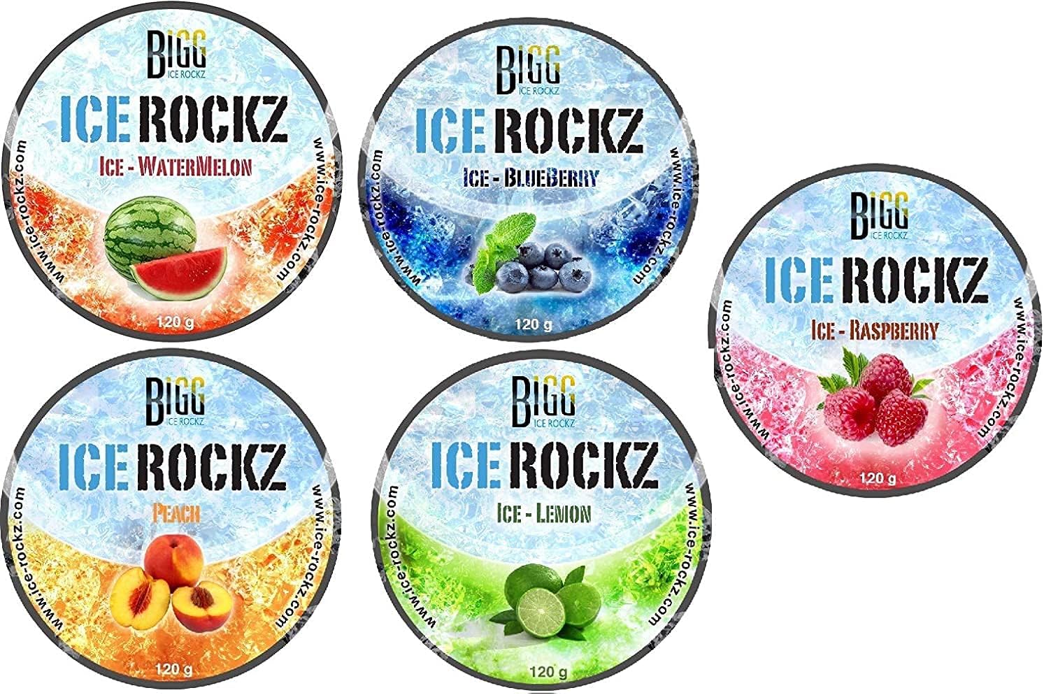 Bigg Ice Rockz 5 Varieties Watermelon, Peach, Blueberry, Lemon, Raspberry