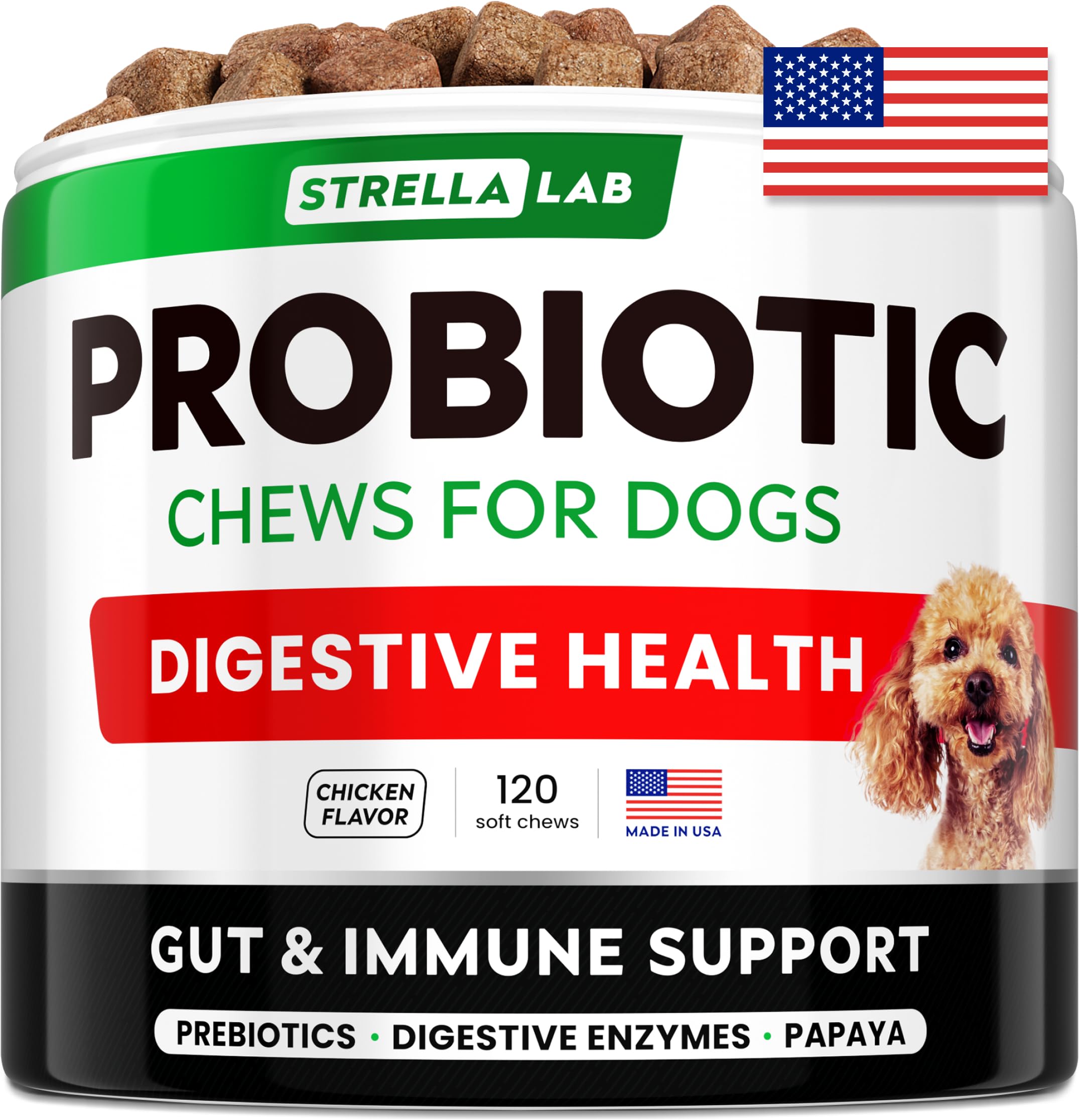 STRELLALABPet Probiotics for Dogs & Digestive Enzymes + Digestion & Gut Health Treats, Dog Probiotics Chews, Fiber Supplement, Anti Diarrhea, Constipation, Upset Stomach&Gas Relief, Canine Prebiotic
