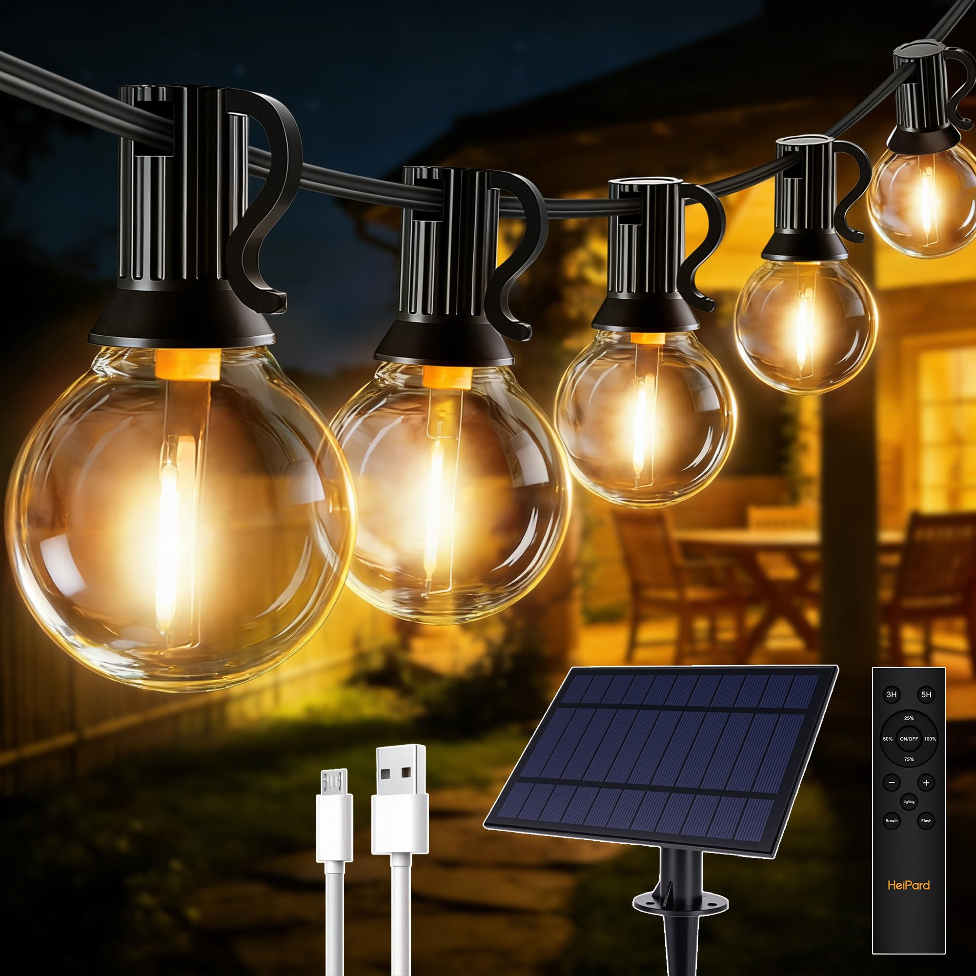 HeiPard Solar Lights Outdoor Garden, 32.8Ft/10m 16+1 LEDs Waterproof Solar Festoon Lights with Remote, USB & Solar Powered Shatterproof G40 Bulbs 3 Modes Dimmable for Outside Gazebo Patio Porch