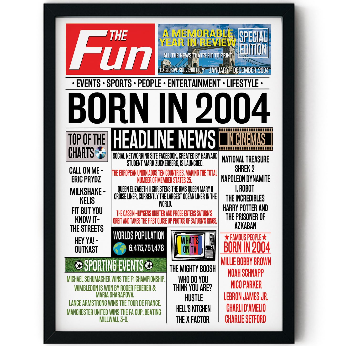 Stuff4 Women's 2004 22Nd Birthday Poster Framed, Born In Newspaper