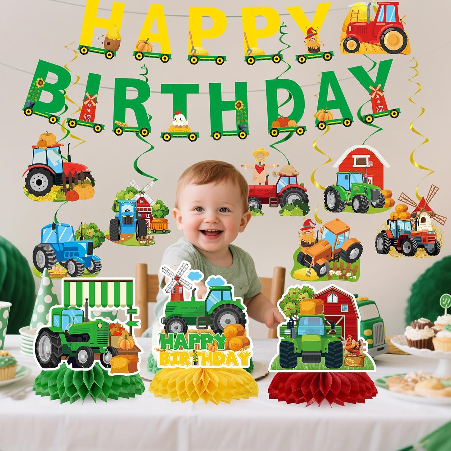 13Pcs Tractor Birthday Decorations - Tractors Hanging Swirls and Honeycomb Centerpieces, Green Tractor Farm Themed Birthday Party Supplies Decorations