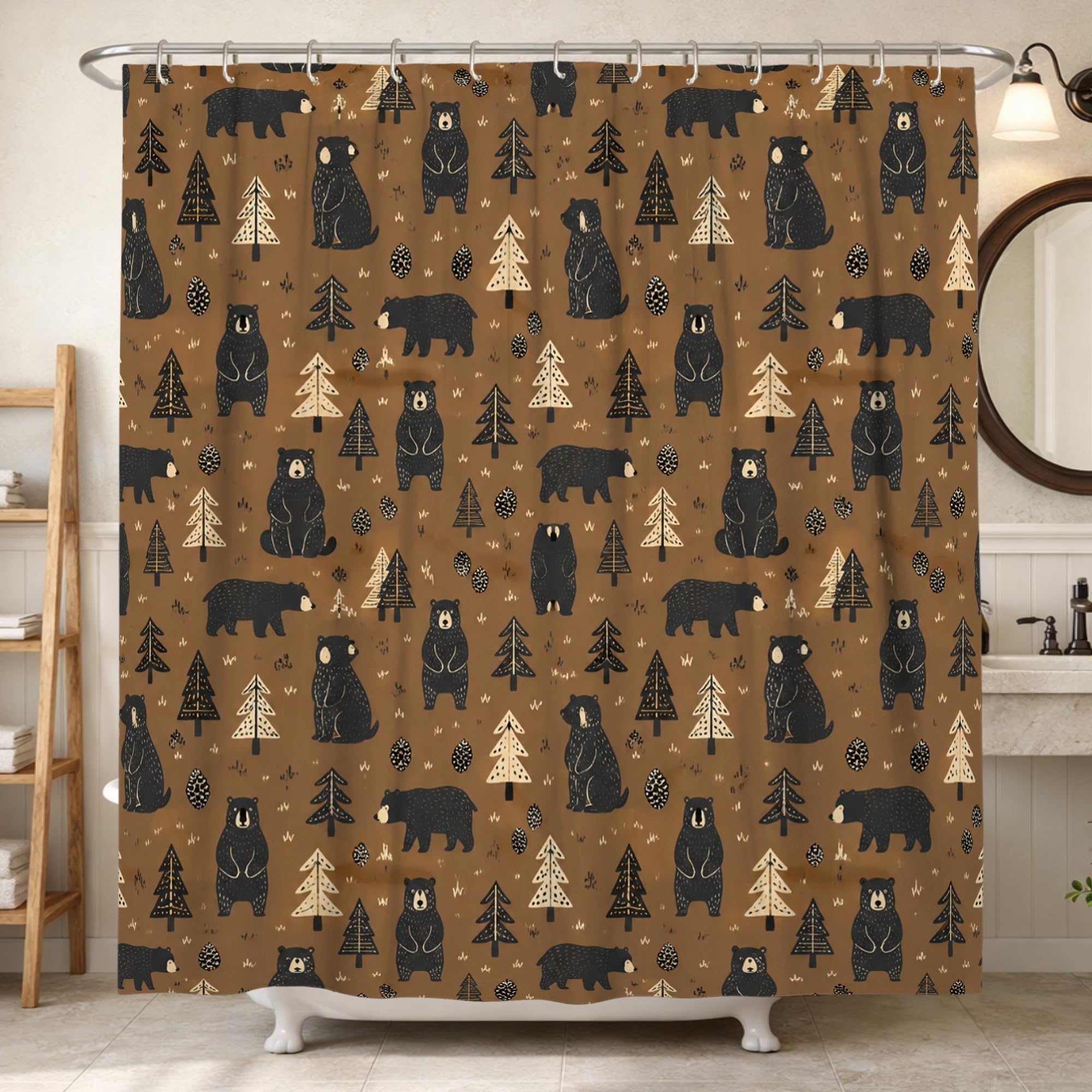 Rideau de douche imperméable motif ours et arbre marron 183x213