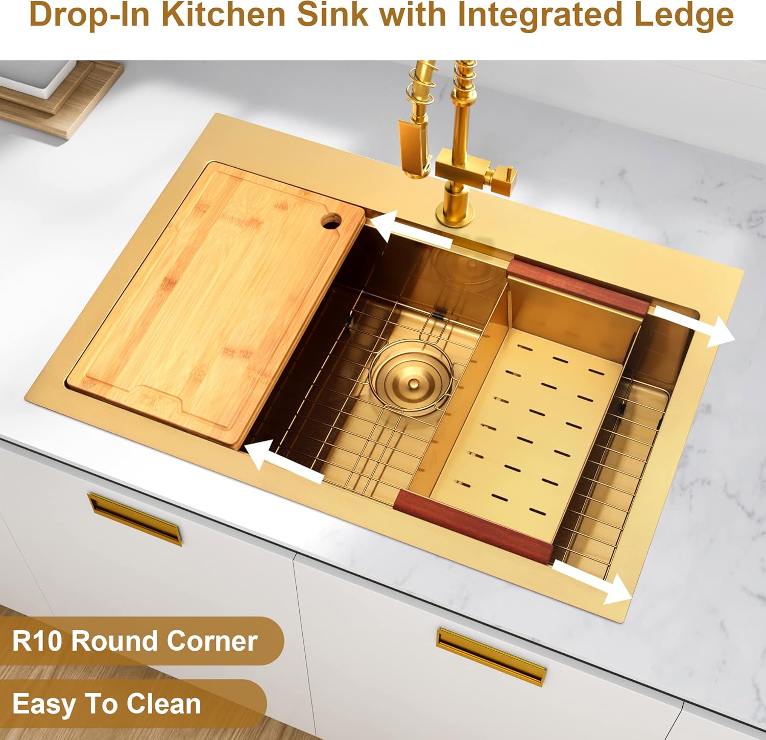 Gold Kitchen Sink, 33" x 22" Drop In Kitchen Sink,16 Gauge Stainless Steel All In One Workstation Sink with Ledge & Accessories, 33" x 22" x 10" Large and Deep Top Mount Kitchen Sinks