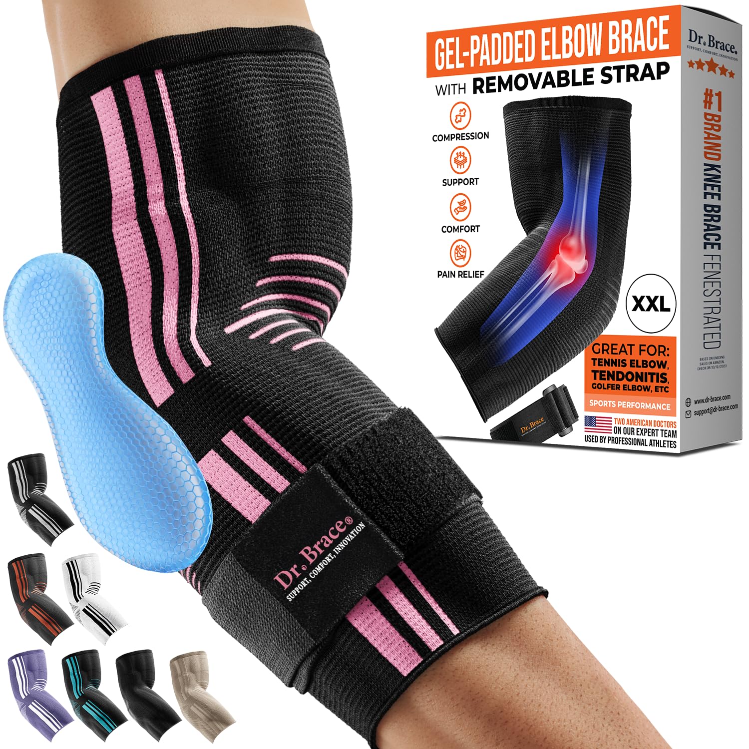 Photo 1 of DR. BRACE® Elite Elbow Brace Support, Breathable Elbow Compression Sleeve with Gel Pad for Golfer's, Tennis Elbow & Tendonitis Treatment & Pain Relief 2024 (Black-Pink, XX-Large)