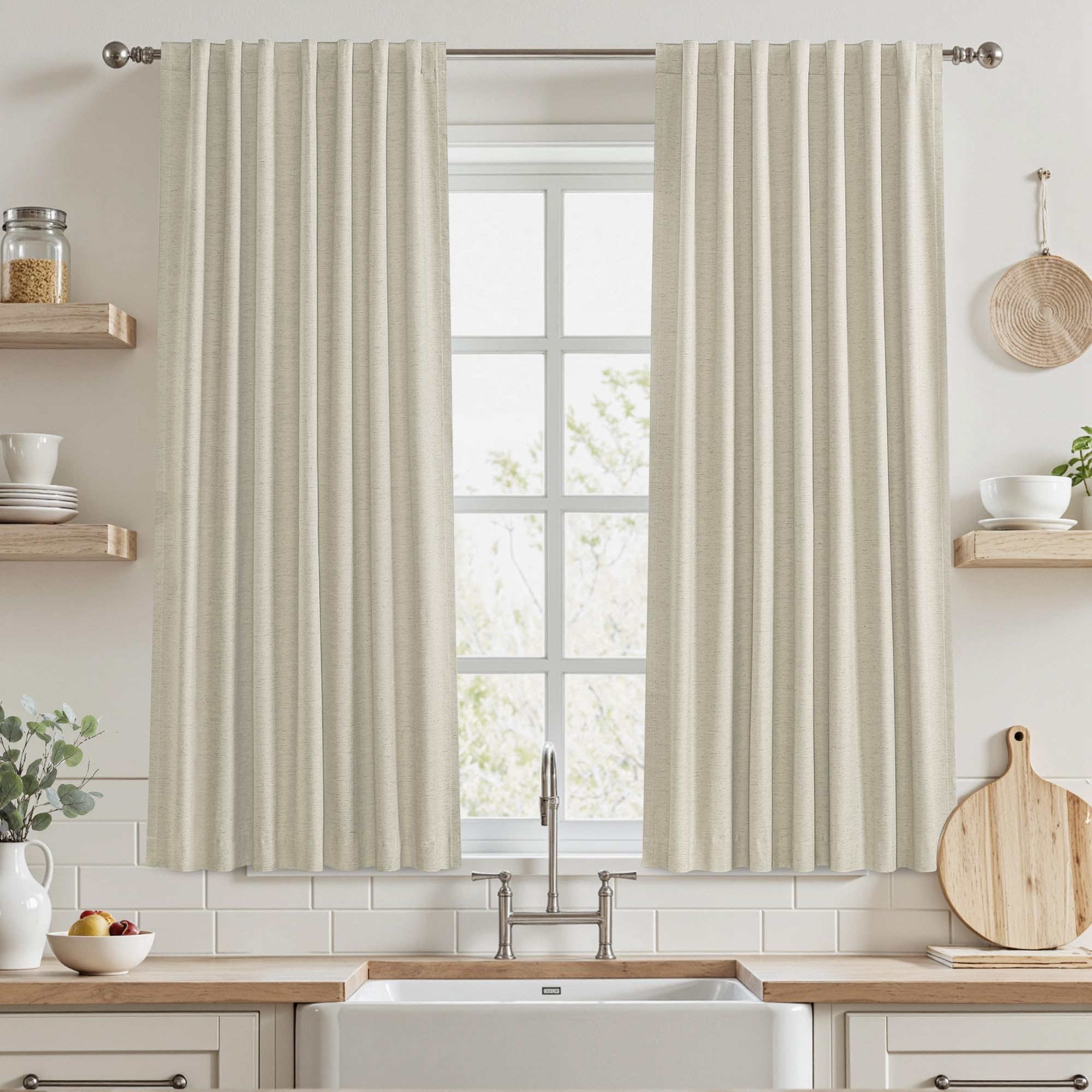 UHITECH Oatmeal Linen Blackout Curtains for Living Room Darkening Curtain 54 Inches Long for Bedroom 2 Panels Set Short Black Out Back Tab Pocket