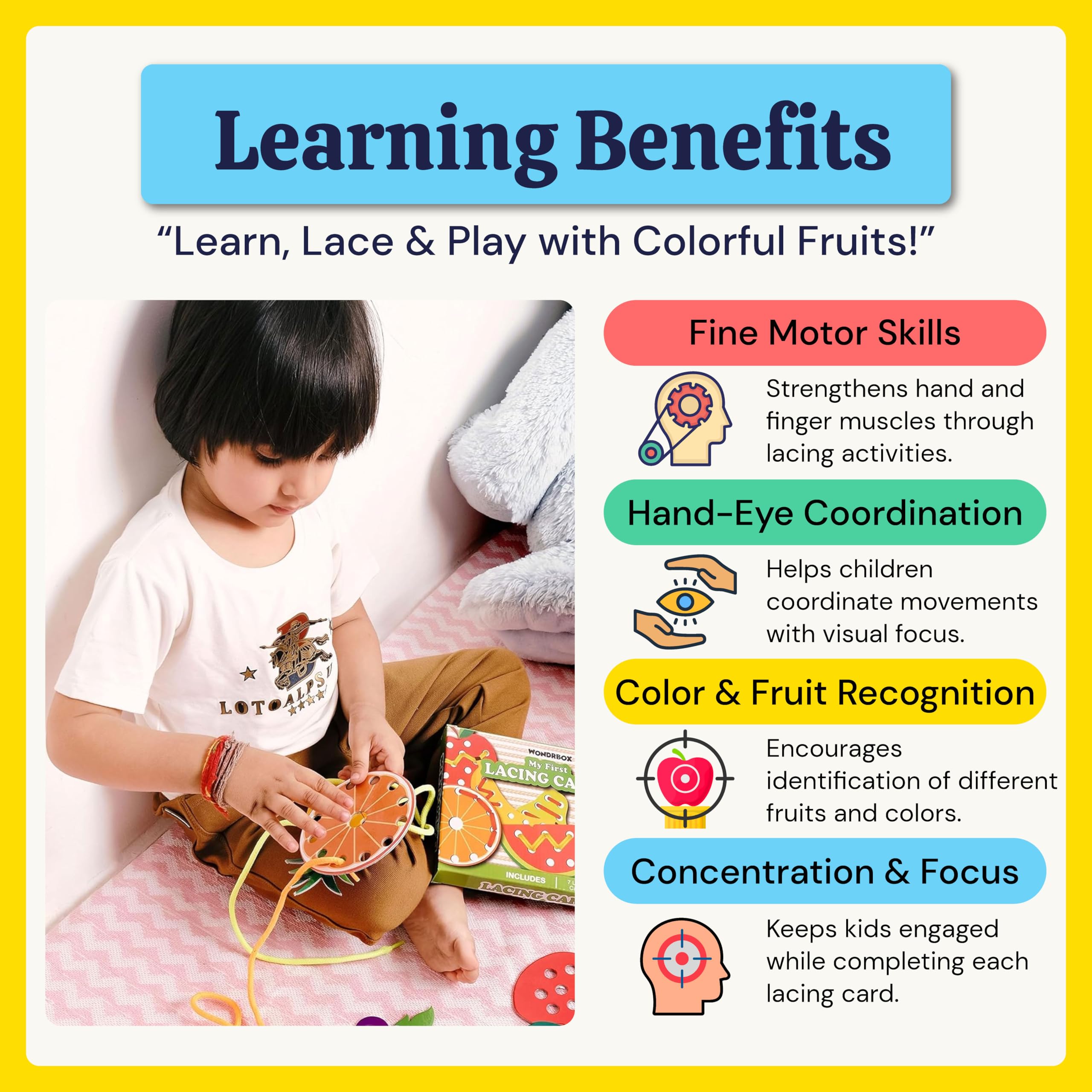 WONDRBOX Montessori Fruit Lacing Cards Activity Educational Toy for Kids Age 2 3 4 Year Old | Autistic, Occupational Therepaist Games | Includes 7 Thick Lacing Cards and 2 Laces 1