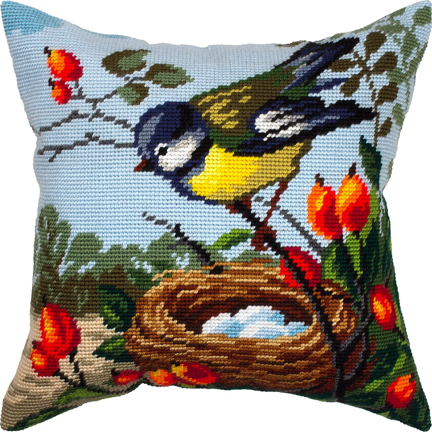 Brvsk Bird Embroidery Kit for Adults and Beginners — Tit at Her Nest by Catharina Klein 16″ × 16″ with Clear, Precise Printed Design on Cotton Canvas; Includes 2 Needles, Yarn, and Easy-Read Chart