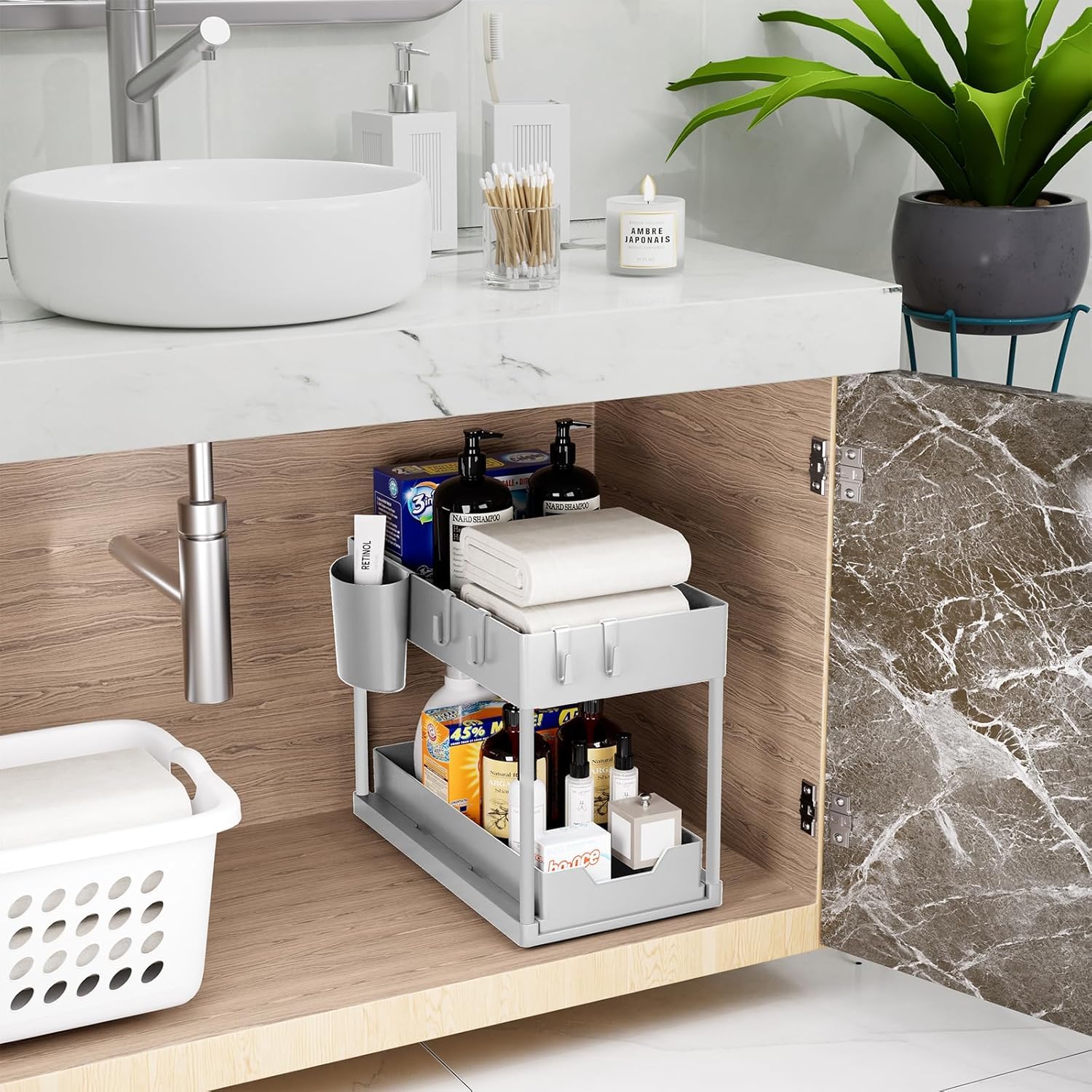 Puricon Organizer Sottolavello Cucina a 2 Livelli, Organizzatore Sottolavello Cucina Estraibile, Sottolavello Cucina Salvaspazio Multiuso Porta Detersivi Sottolavello Organizer per Cucina Bagno-Grigio