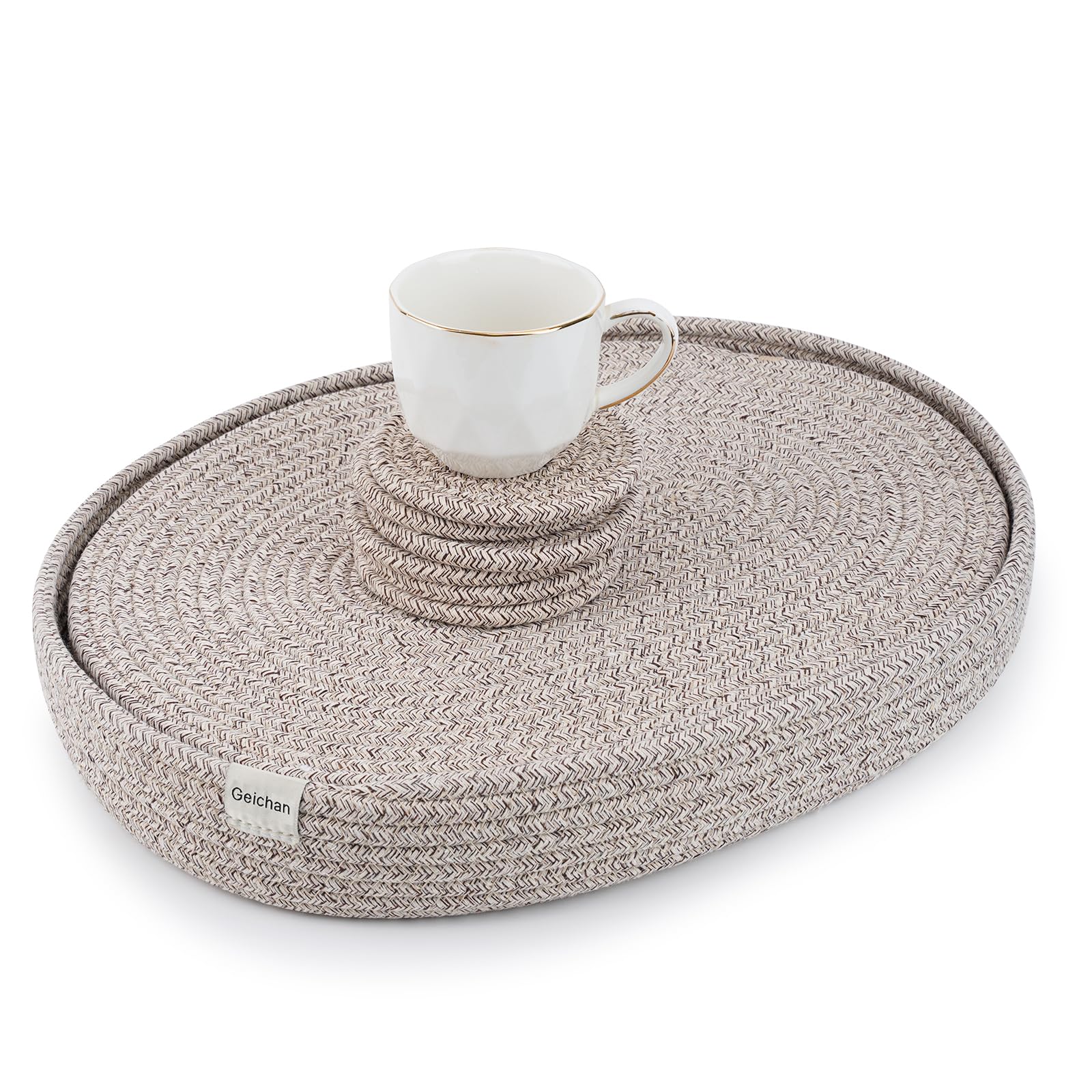 Handmade Boho Placemats Set of 6 Oval – Natural Woven Cotton Farmhouse Table Mats for Dining Table, Fall, Halloween, Thanksgiving, Christmas (Mix Brown, Oval 16 * 12 With 6 Coasters)