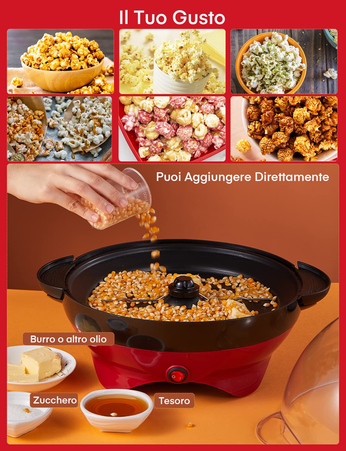 FOHERE Macchina Popcorn - 5L Grande Macchina per Pop Corn Retrò da - Pop Corn Macchina con Rivestimento Antiaderente e Superficie Riscaldante Rimovibile - Silenziosa e Veloce (Rosso)