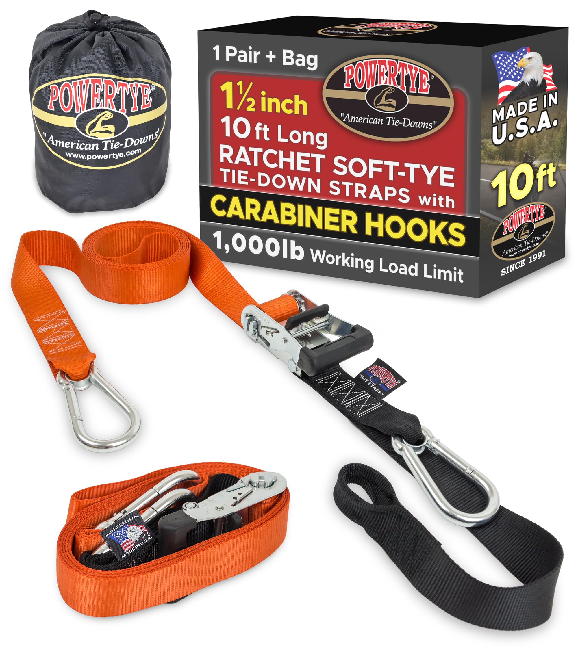 PowerTye 1.5 inch x 10ft Ratchet Straps w/Carabiners, Orange/Blk Pair+Bag