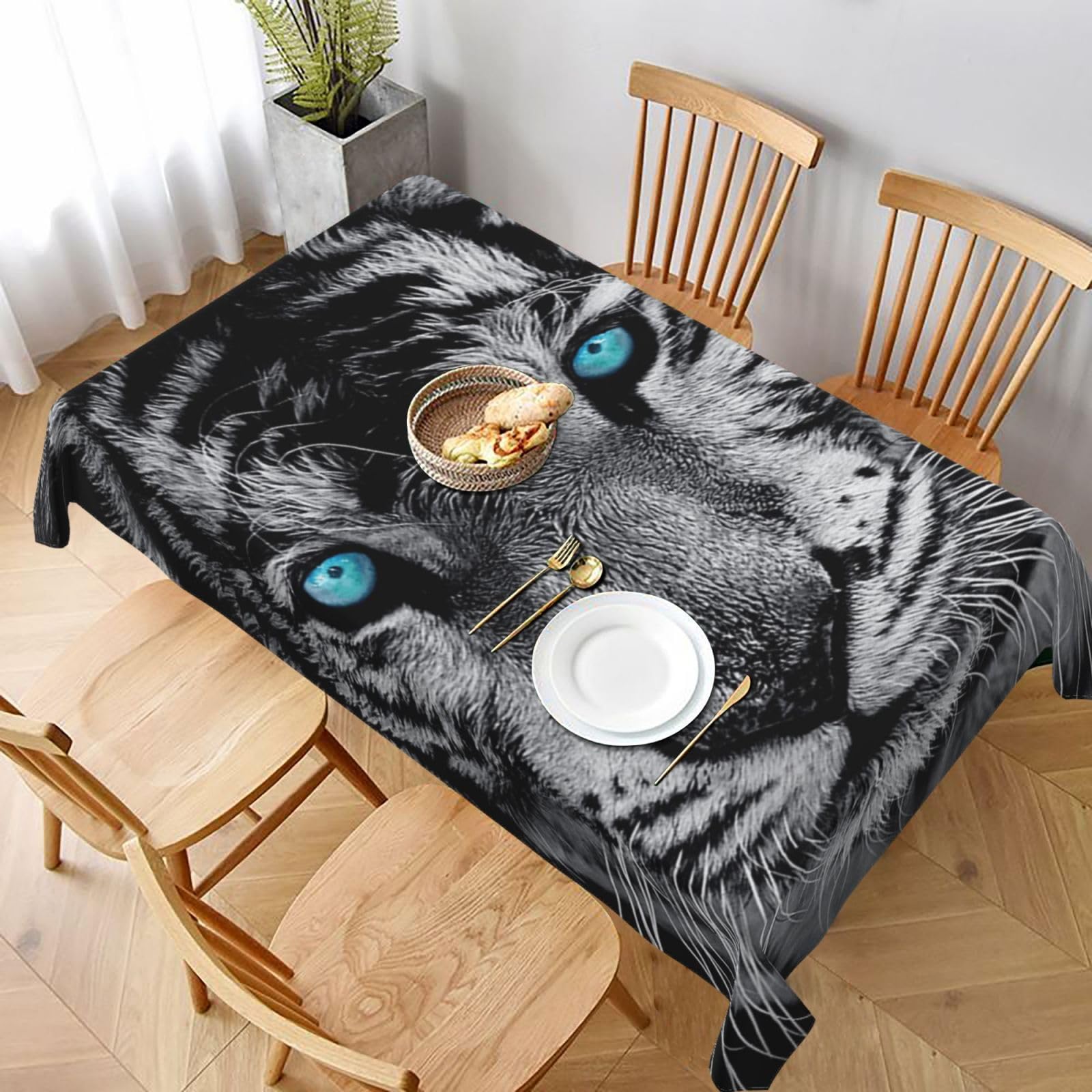 BNVSADC White tiger Printed Rectangle Tablecloth 228x152 CM, Water Resistant Polyester Table Cloth Decorative Fabric Table Covers for Kitchen Dining Table Parties Camping