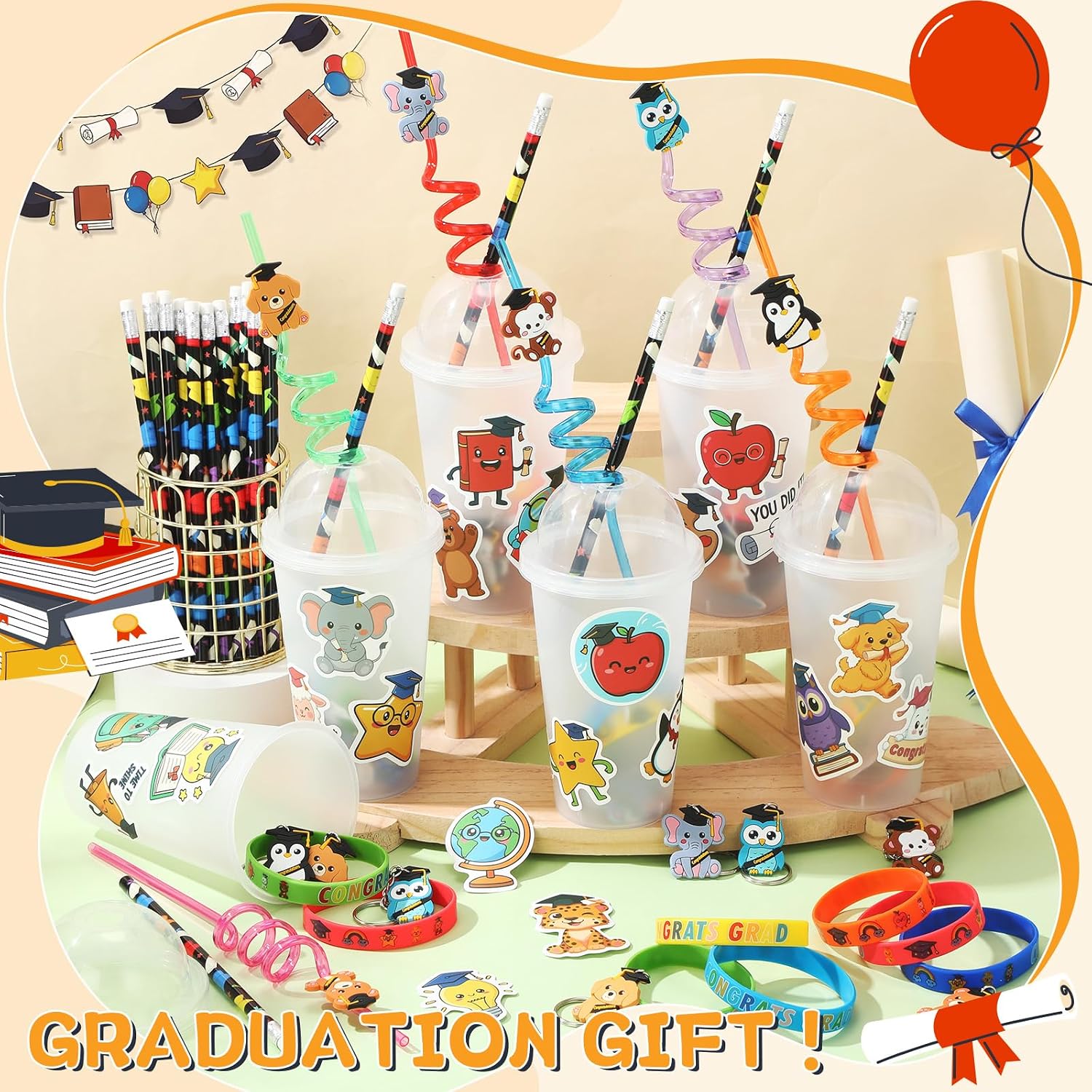 Funnymoom 194 Pcs Graduation Party Favors Class of 2026 Cup Fillers Congrats Grad Keychain Pencil Silicone Bracelet for End of Year Gift from Teacher Rewards Bingo Game Prizes, 24 Sets(Animal)