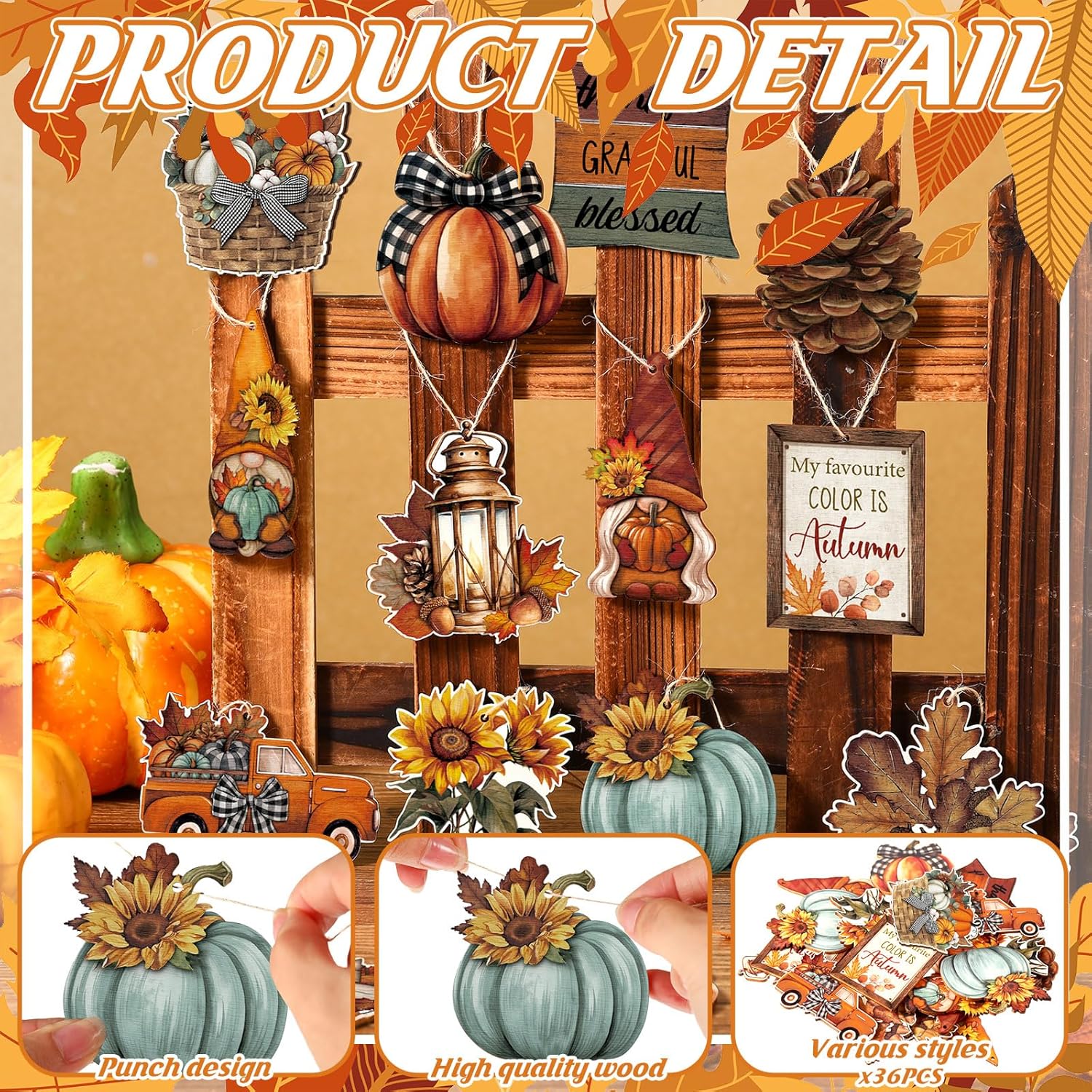  36 Pcs Fall Tree Ornaments Wooden Pumpkins Hanging Decoration | Thanksgiving Gnomes, Leaves, Flowers, Sunflowers, Lanterns, Truck Signs, Autumn Party Decor, for Holiday Small Trees thumbnail