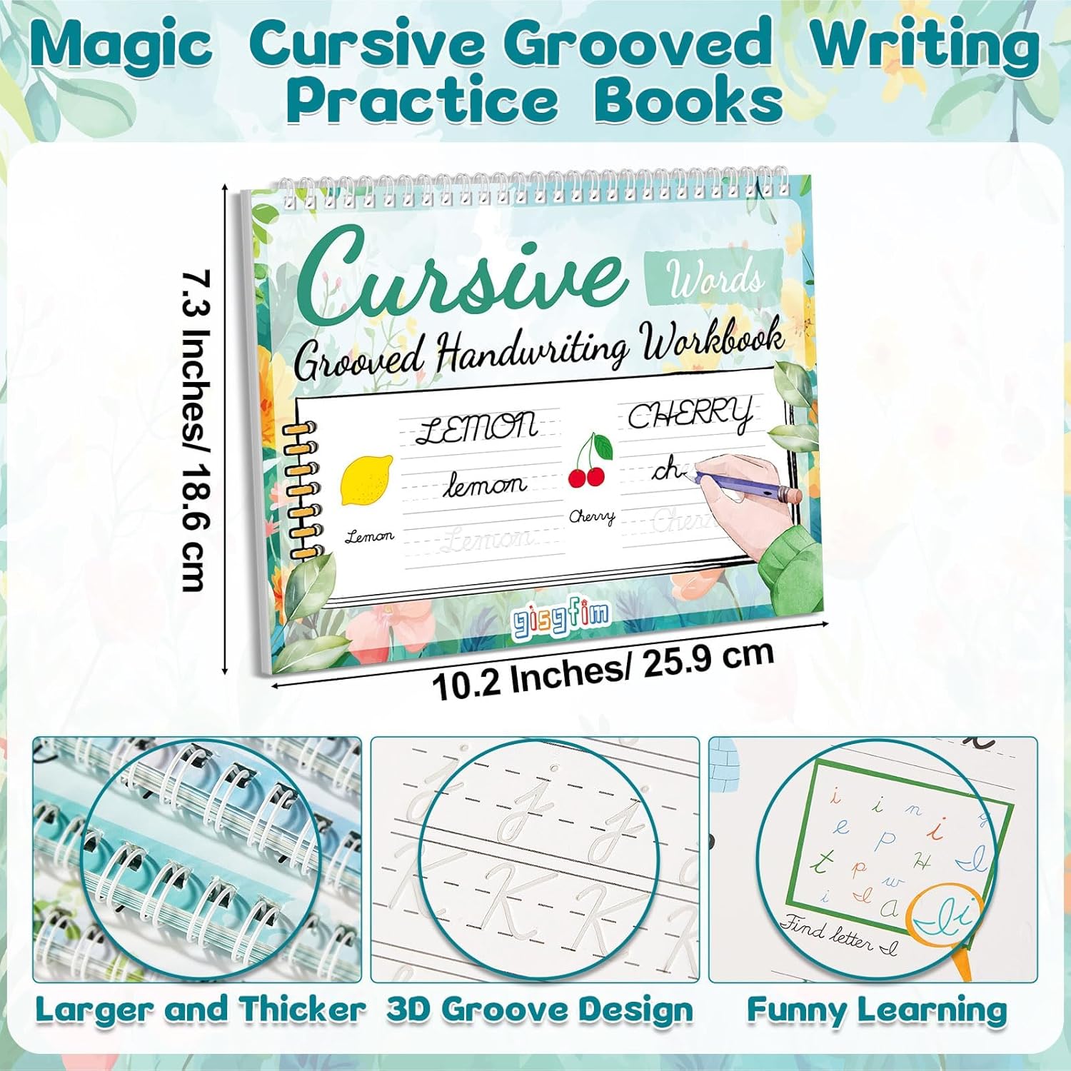 gisgfim 4 Pack Grooved Cursive Handwriting Workbook Kit Magic Reusable Grooved Handwriting Practice with Disappearing Ink Pens Cursive Kickoff Student Workbook for Kids Words Letters Sentences Reading