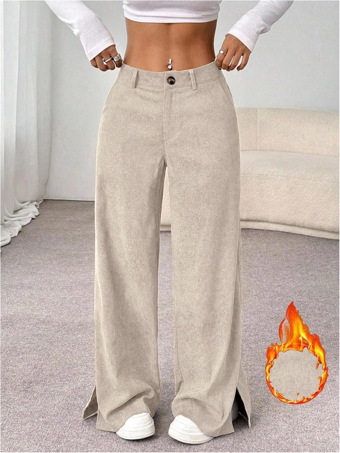SweatyRocks Women's Corduroy Wide Leg Baggy Pants Casual Split Low Waist Long Fall Trousers with Pockets
