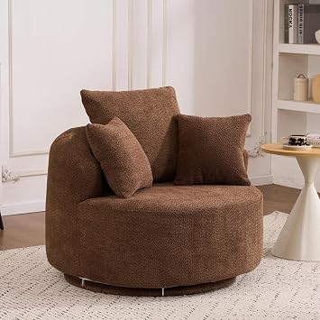 HRVEOCEI 40 Brown Round Swivel Chair with 3 Pillows & Thick Cushion, Oversized 360 Swivel Accent Chair, Modern Boucle Armchair for Nursery, Living Room, Bedroom, Club