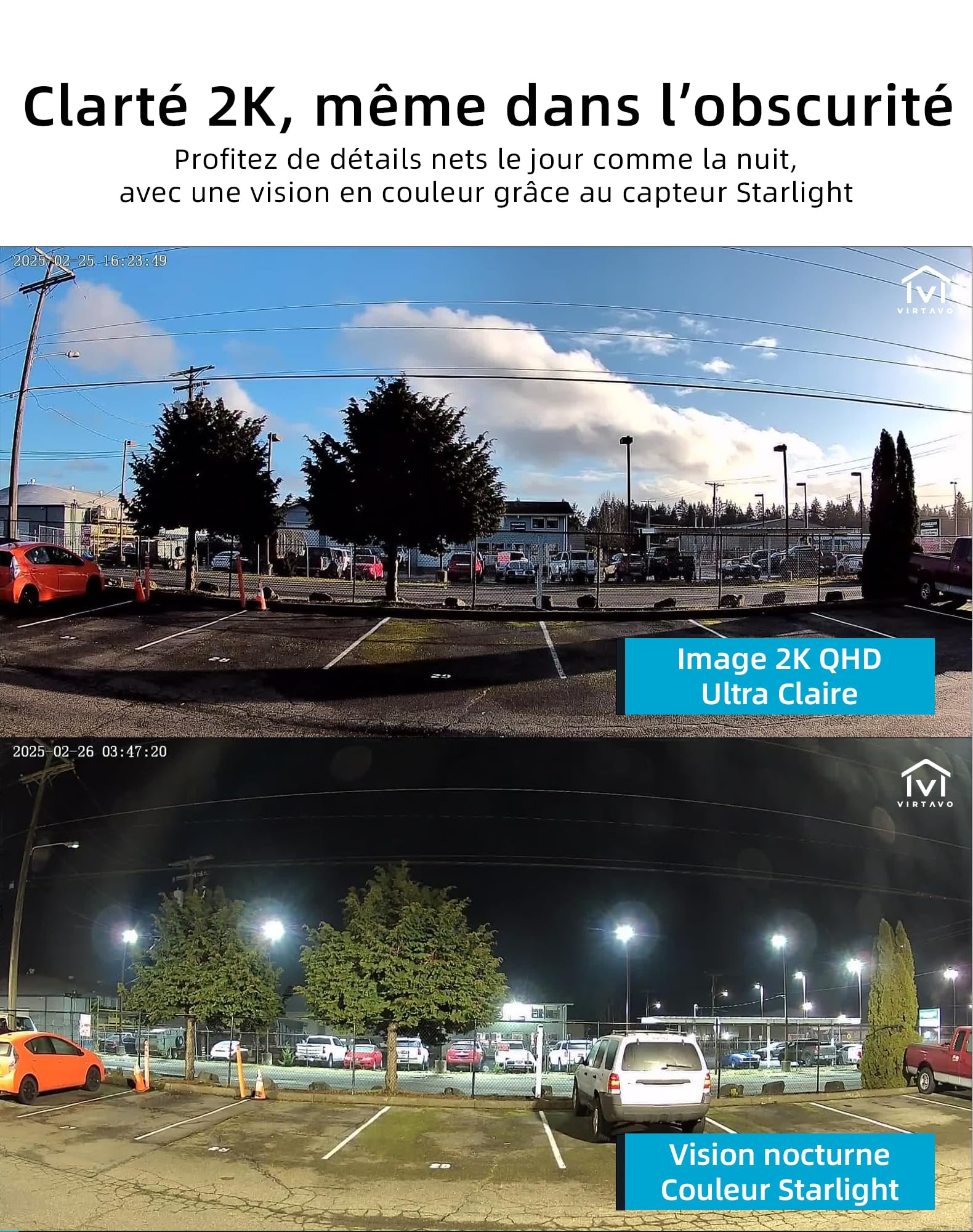 VIRTAVO 2K Camera Surveillance WiFi Extérieure sans Fil Batterie, Vision Nocturne Couleur Starlight, PIR Détection Mouvement, Étanche, Audio Bidirectionnel, VF1