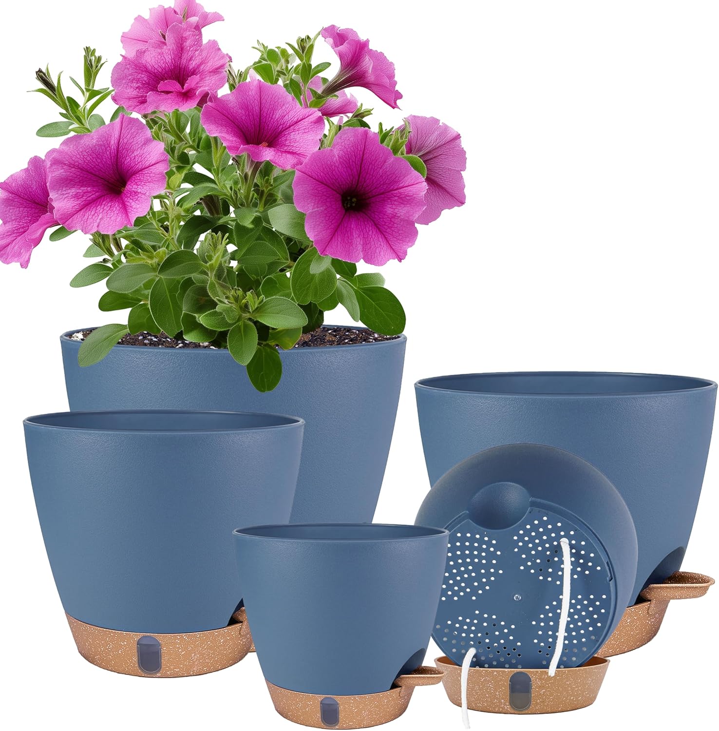 Self Watering Pots for Inoor Ourdoor Plants 8/7/6.5/6/5 Inch Plastic Planters with Drainage Holes & Water Level Indicator, Decorative House Flower Nursery Planting Pots with Saucers (Navy Blue)
