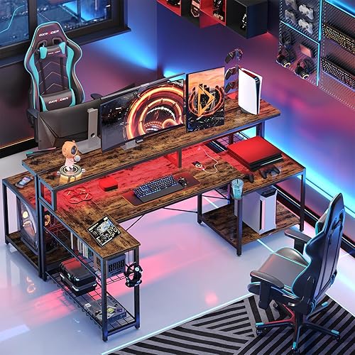 Miniatura 8 de Bestier 71.5 inch Computer Desk with Power Outlets, L Shaped LED Home Office Desk with Long Monitor Stand, Large Corner Desk with Storage Shelf, Cup