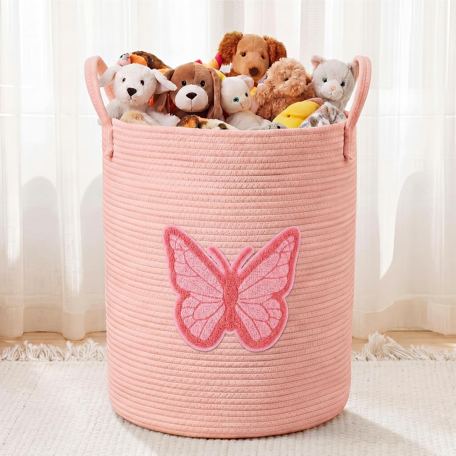 LemonRoad Laundry Hamper Large Cotton Rope Storage Basket Woven Storage bucket with Handles for Bathroom Bedroom Nursery Toy Clothes Organizer, 60 L (Butterfly)