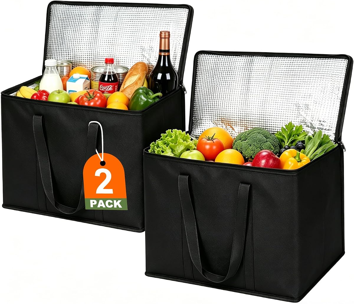 JNYONG 2 Pack Insulated Reusable Grocery Shopping Bags with zippered top | Food Delivery Bag,Collapsible Cooler Bag for Frozen Foods,Portable, foldable, insulated