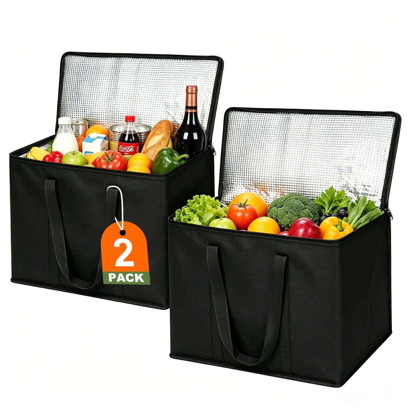 JNYONG 2 Pack Insulated Reusable Grocery Shopping Bags with zippered top