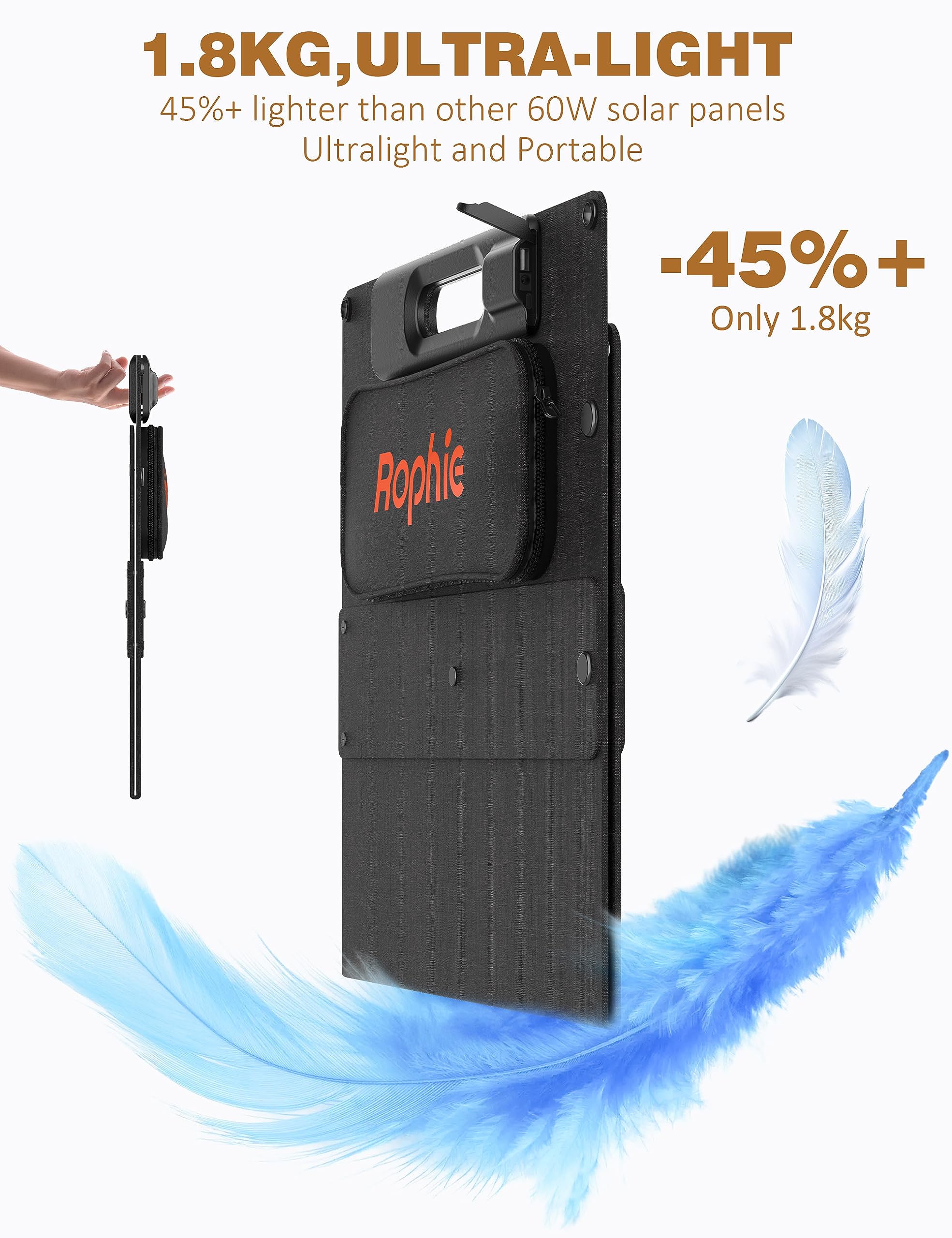 Rophie Składany panel słoneczny 60 W, przenośny monokrystaliczny panel słoneczny z wyjściem USB/typ C/DC 1,8 kg, ultralekki, IPX67 na kemping, podróż, do ogrodu, na balkon