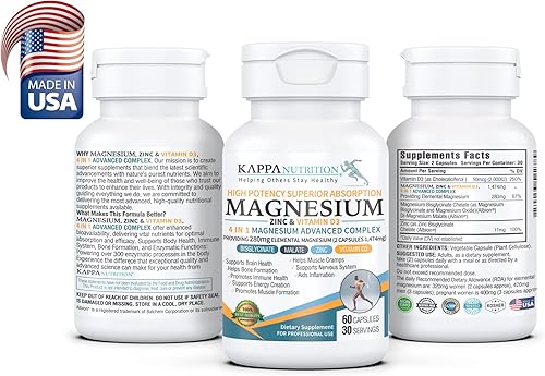 Miniatura 2 de Kappa Nutrition Magnesio 4 en 1, 280 mg de magnesio elemental (bisglicinato, malato) + zinc y vitamina D3, cerebro, sueño, energía, músculo, apoyo